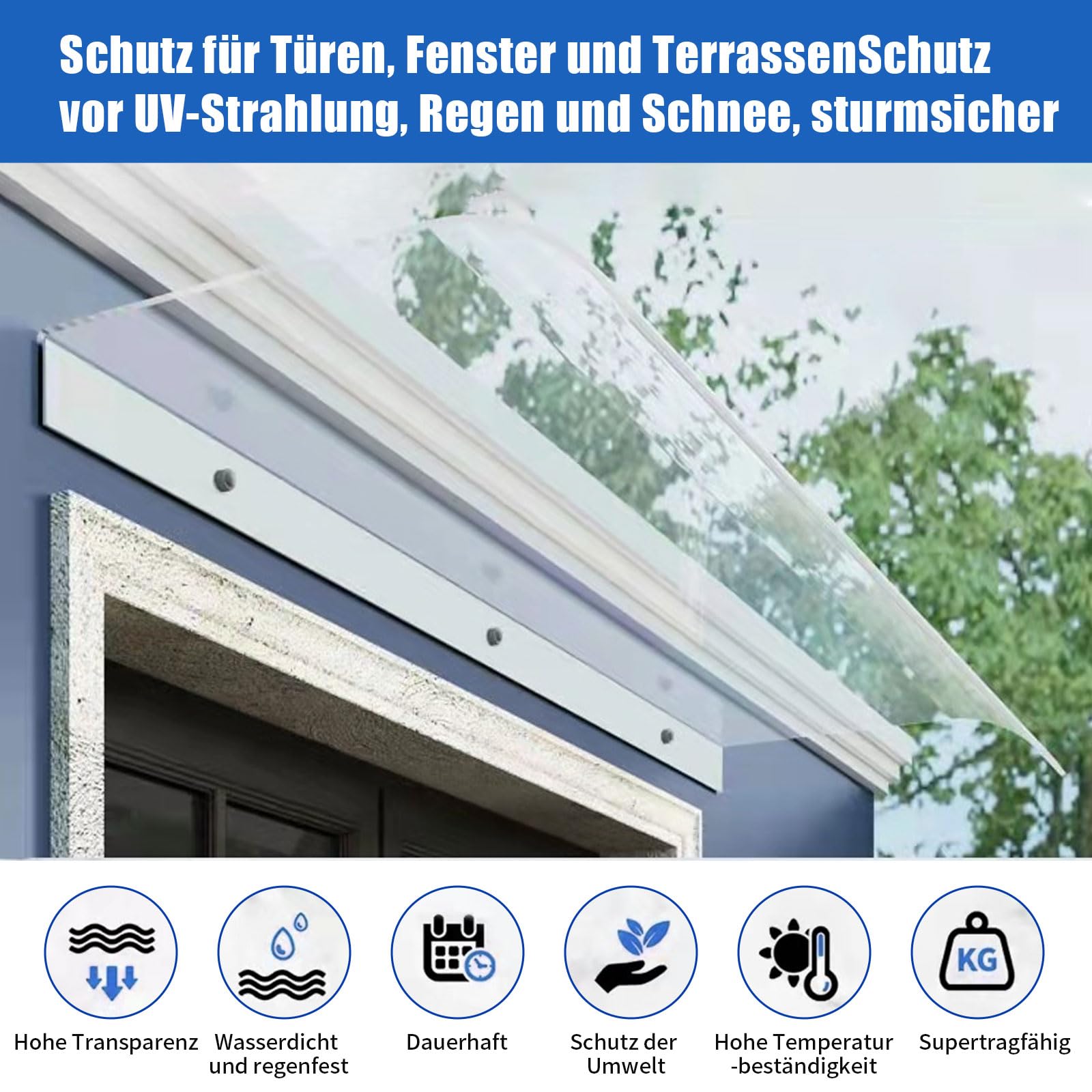 Marquesina para puerta de casa, toldo de policarbonato, protección solar y protección contra la lluvia, techo de puerta con transparente, toldo para puerta de casa o terraza (plano, 400 x 400)