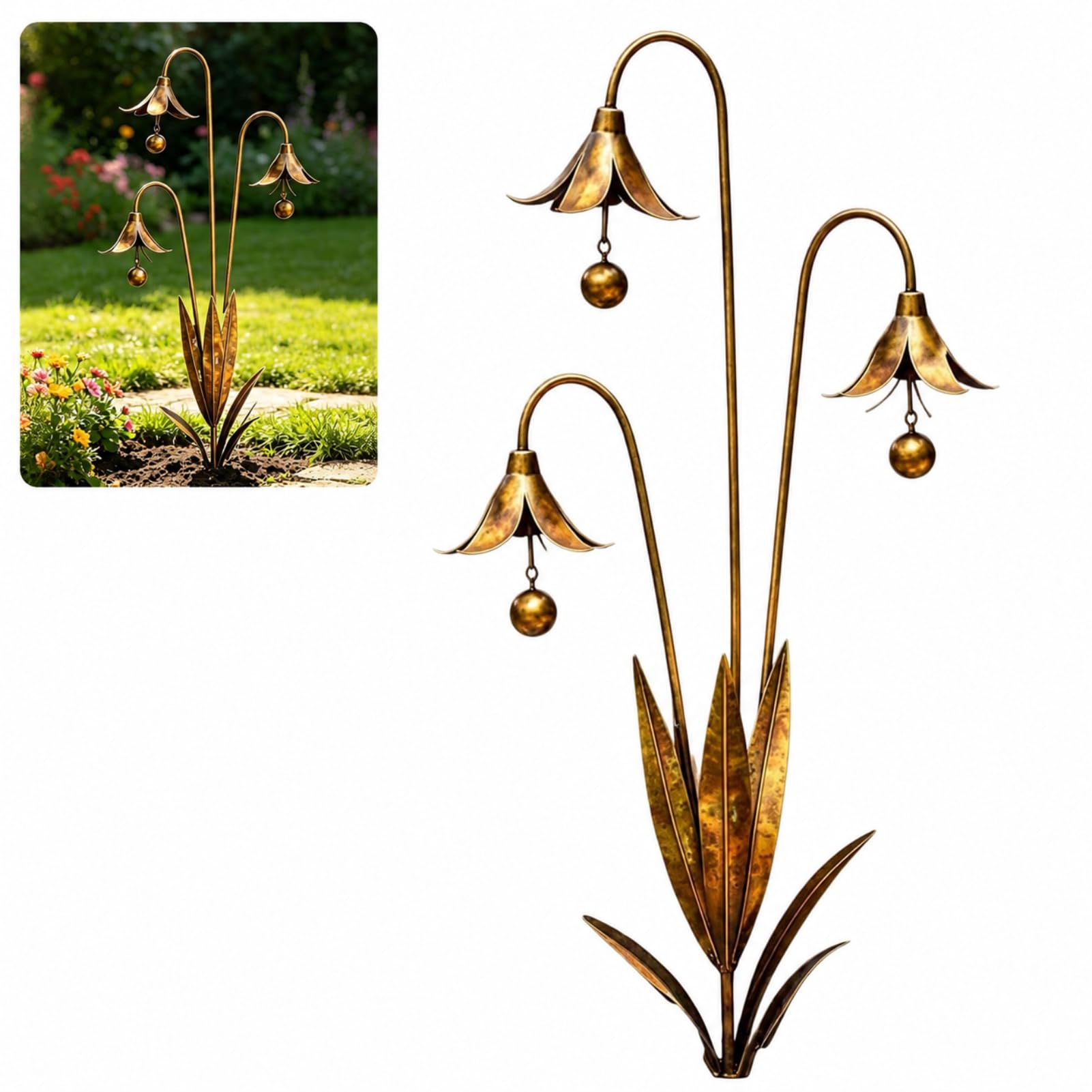 GnathicHOME Metal Bluebell Flower Garden Stake Ornament,Decorative Bell Flower Plant Stake for Garden, Patio, Lawn, Pathway, Balcony and Courtyard Décor (33 * 67cm,gold)