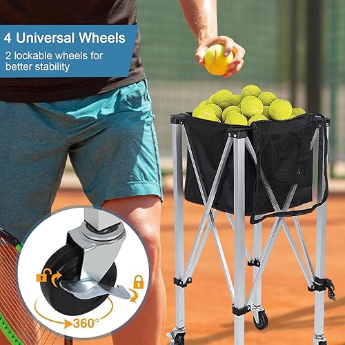 Miniatura 5 de Tolva de pelota de tenis con capacidad para 160 bolas, cesta plegable para pelotas de tenis con ruedas y bolsillos laterales extraíbles, carrito de