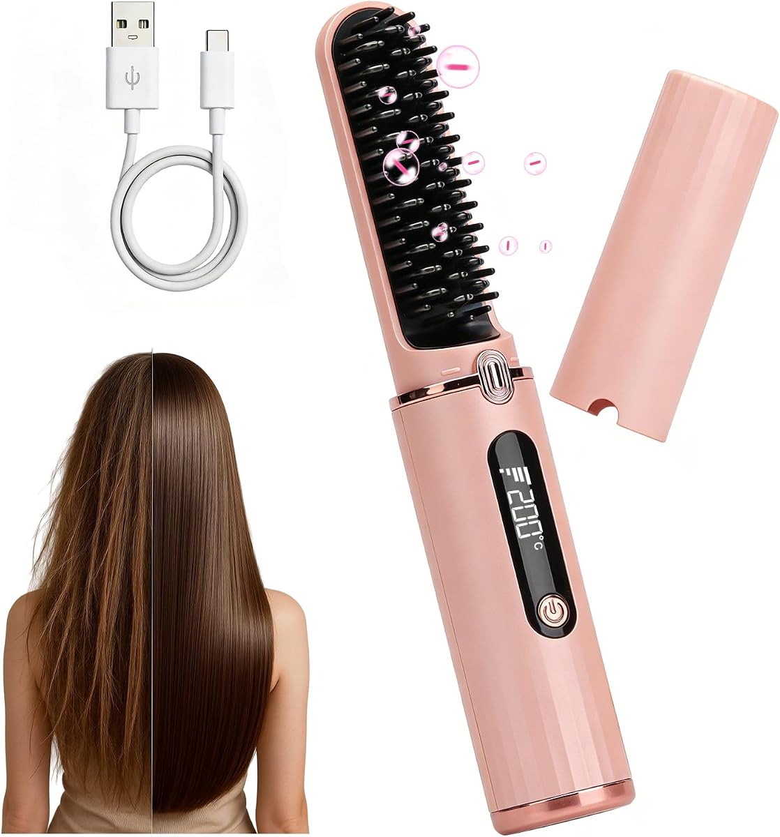 Cordless Hair Straightener Brush, 500M Negative Ions Fast Heating Straightening Comb, Rechargeable Anti-Scald LED Display Hair Brush for Women, Travel Portable Styling Tool with 5D Dense Bristles