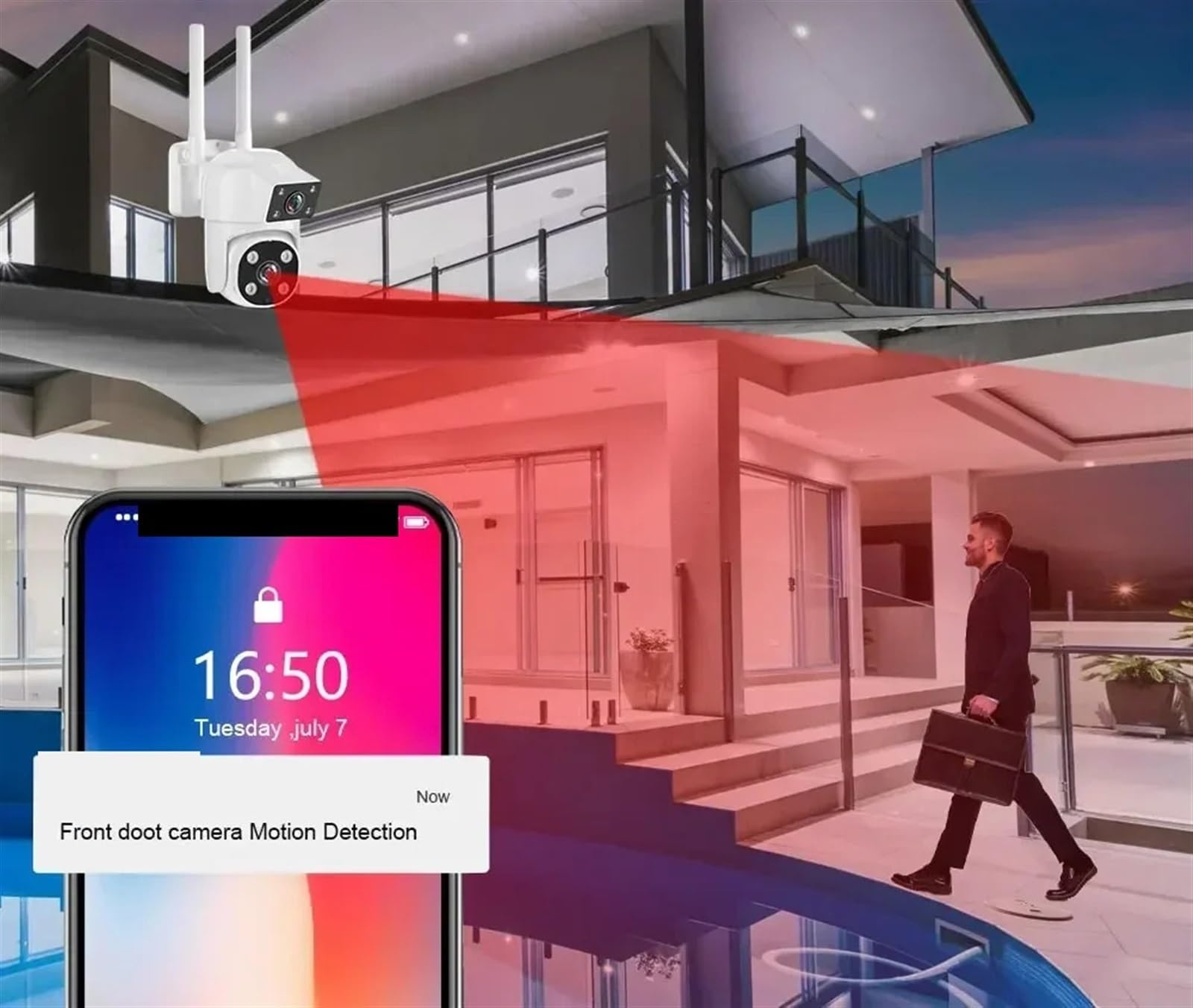Caméra de sécurité, Caméra IP 4MP 2K PTZ, écran à Double Objectif, Suivi Humain AI, Vision Nocturne Polychrome, caméra de Surveillance extérieure sans Fil CCTV(Camera Add 64G)
