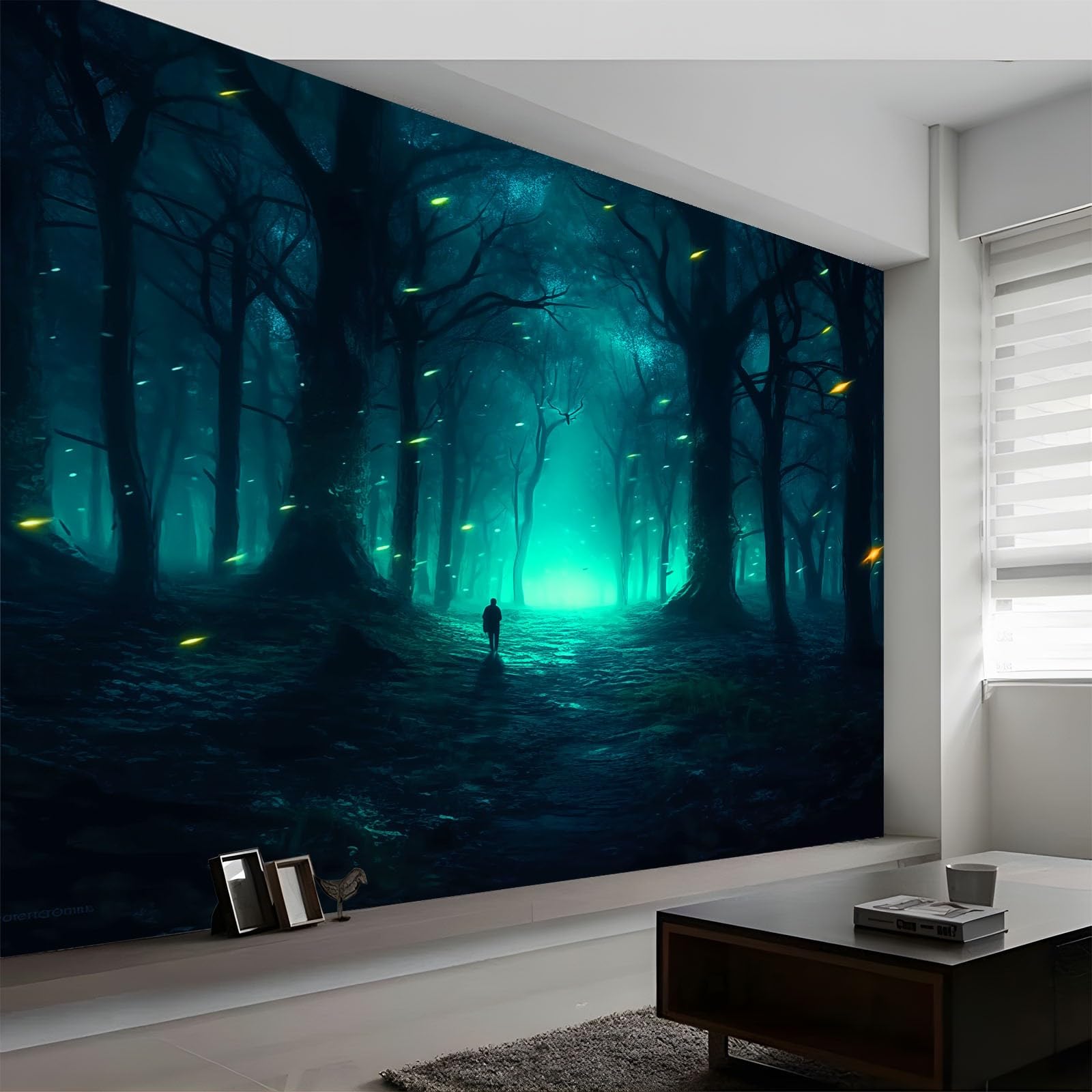 Wall Mural Turquoise Forest Fireflies Wallpaper, 3D Wall Mural Decoration Poster Fantasy Art Picture Design Photo Wallpaper for Living Room Bedroom Children's Room Office 450 x 280 cm