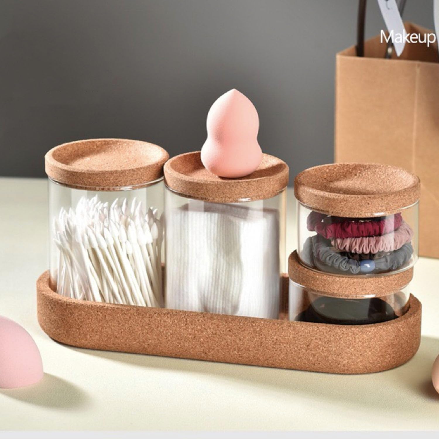 4 pack Glass Qtip Holder Dispenser Apothecary Jars with Vanity Tray