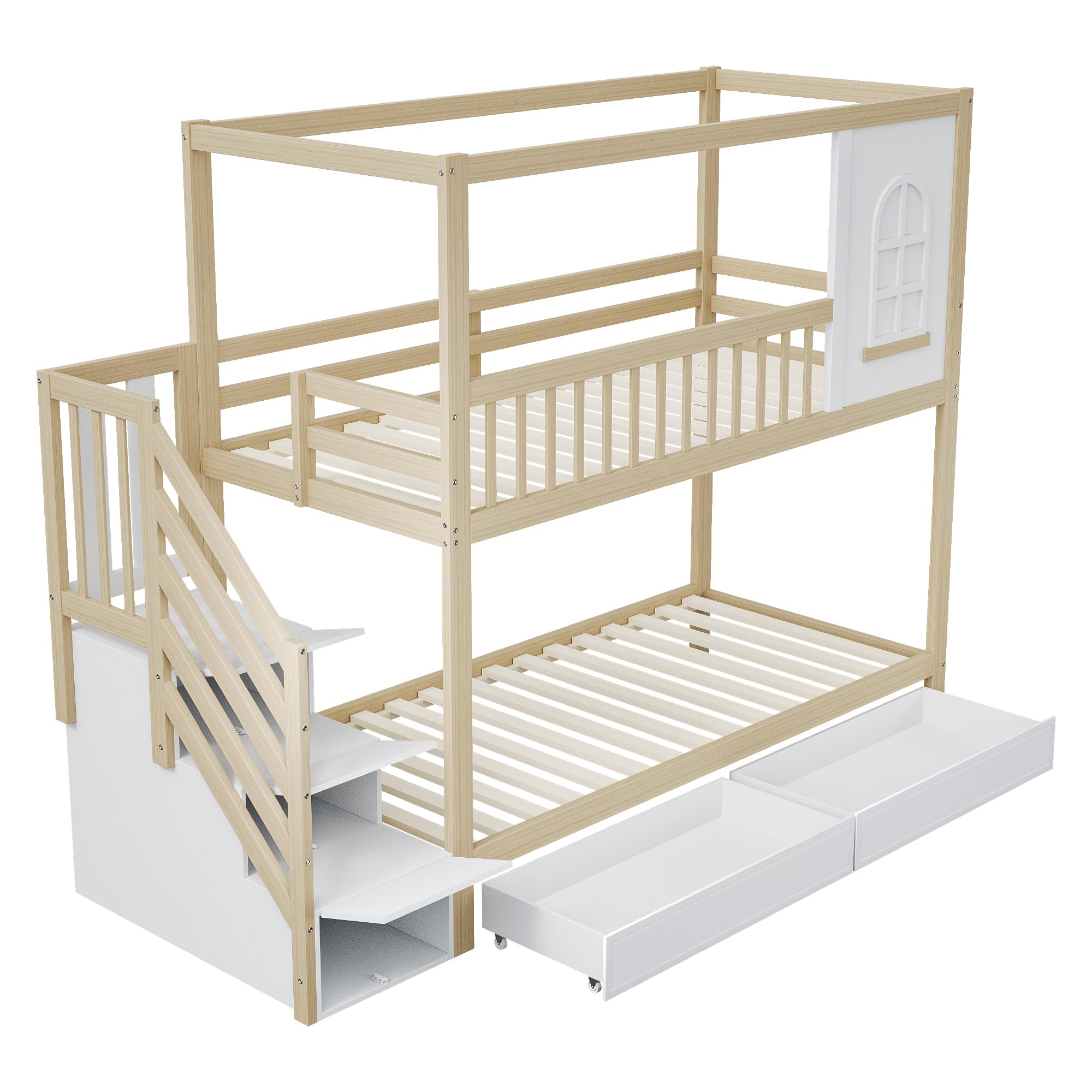 Letto a castello 90 x 200 cm, letto matrimoniale in legno massello, a forma di casa con finestre, design di recinzione di sicurezza, con cassetti e scala di sicurezza, per adolescenti (legno