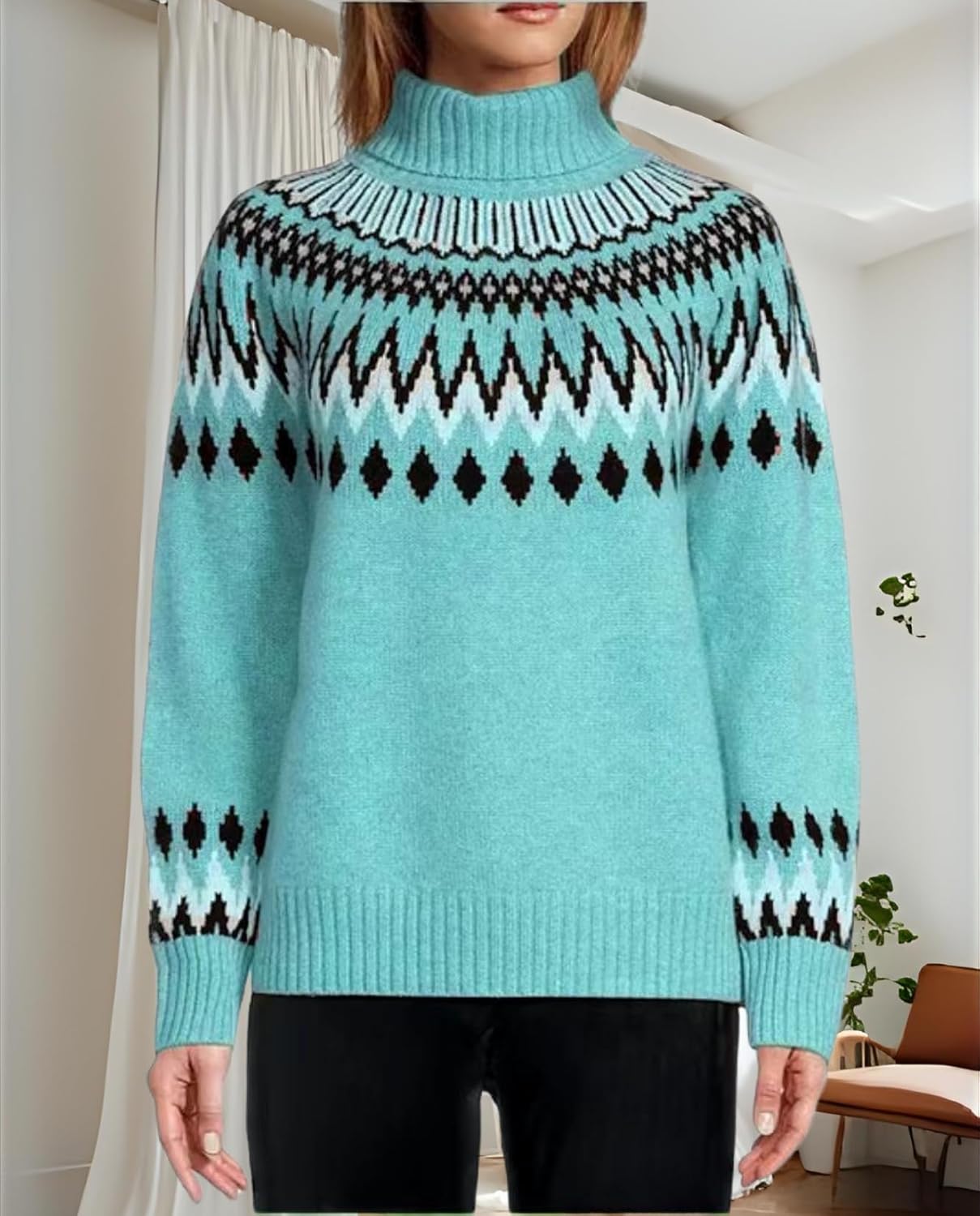 Women's Geometric Print Turtleneck Sweater Winter Warm Long Sleeve Casual Top for Vacation and Daily Wear - Image 5