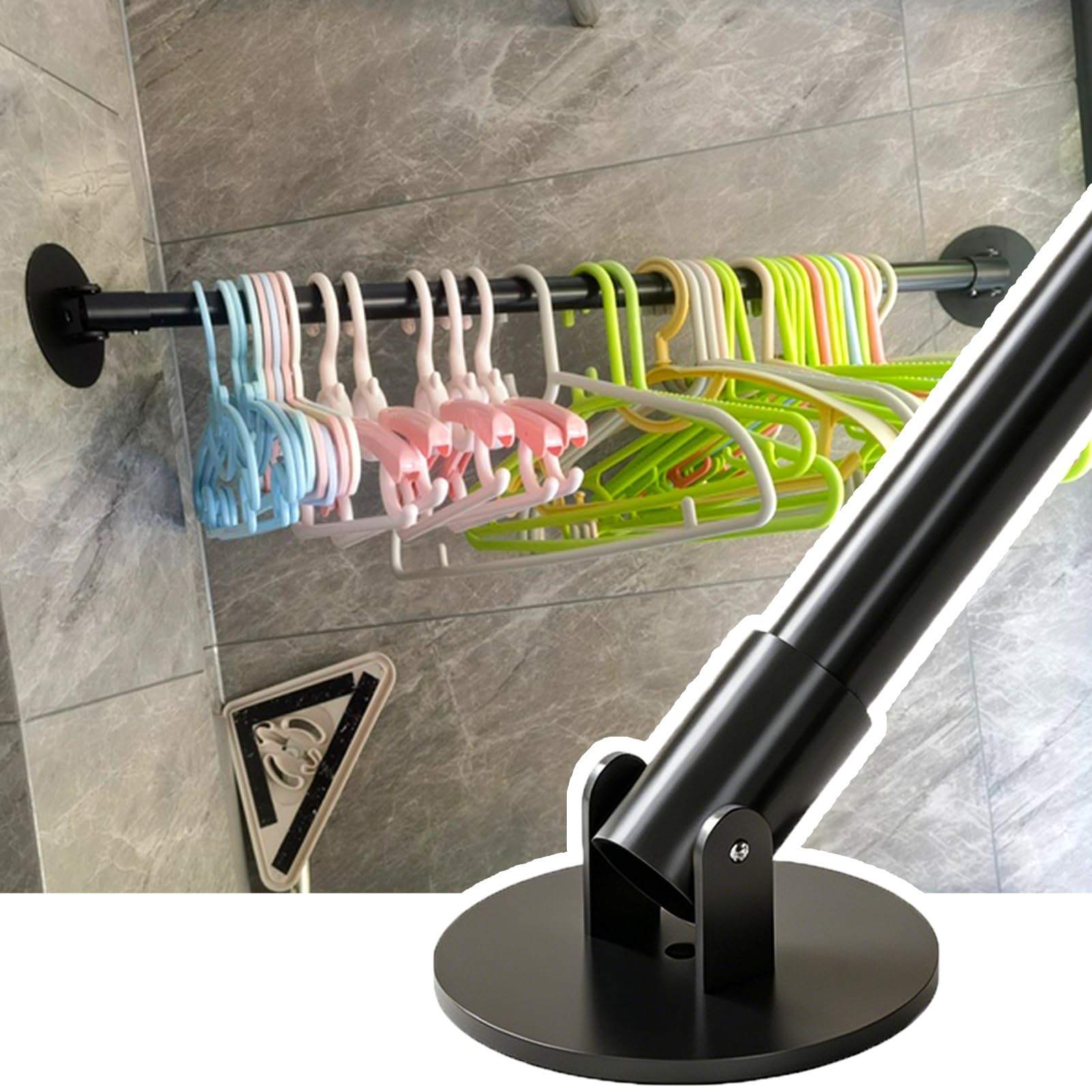 Wardrobe Rail Closet Rod Flange Adjustable for Angled Wall, Space-Saving Corner Shower Curtain Pole Extendable, Garment Rack Swivel Support Hanger Bar(Black,35-55cm(13 3/4"-21 5/8"))
