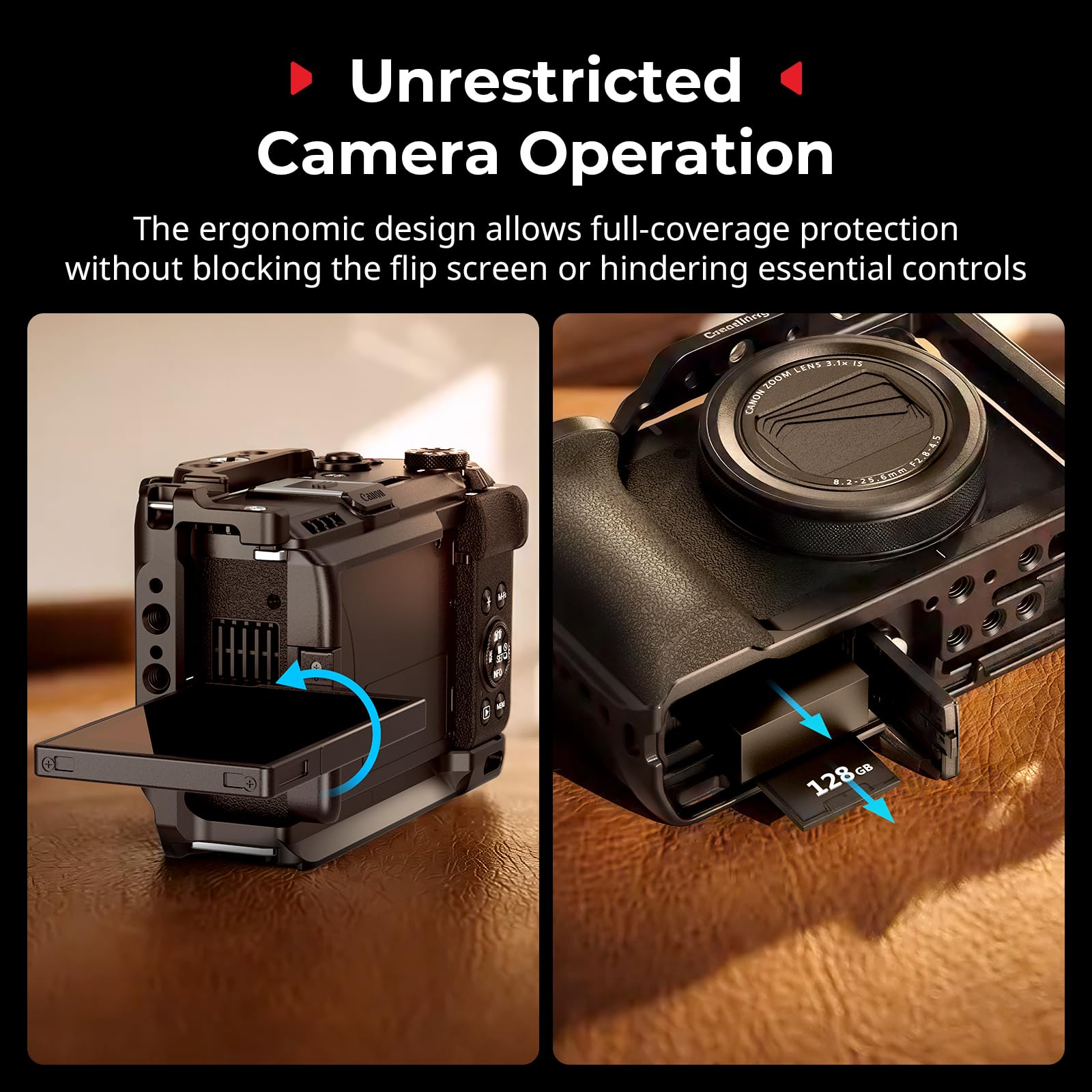 SMALLRIG Jaula para Canon PowerShot V1 con Empuñadura de Silicona, Placa QR para Arca, Roscas 1/4"-20 y Zapata Fría (Negro) - 5807