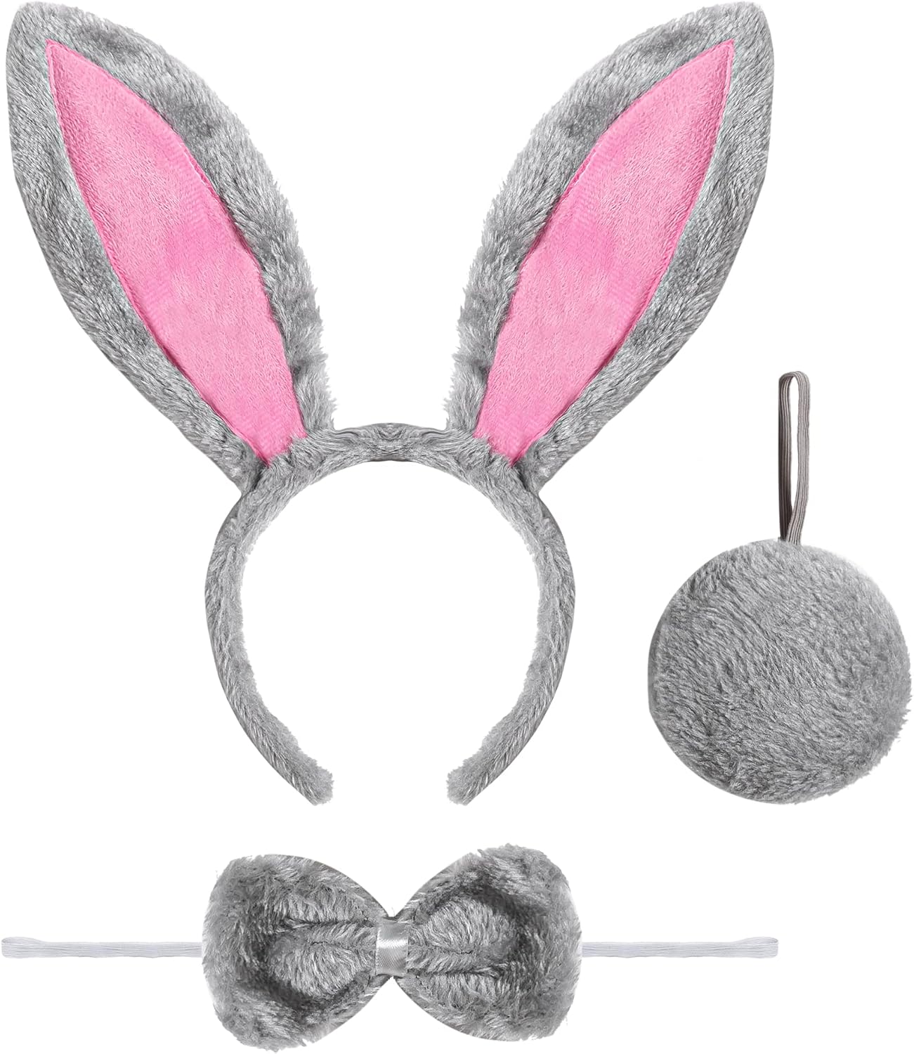 Spooktacular Creations 3 Pcs Halloween Grey Bunny Accessories Set,Rabbit Costume, Including Rabbit Bunny Ears Headband, Bow Tie and Tail for Women for Halloween Dress Up Parties,Theme Party Costumes