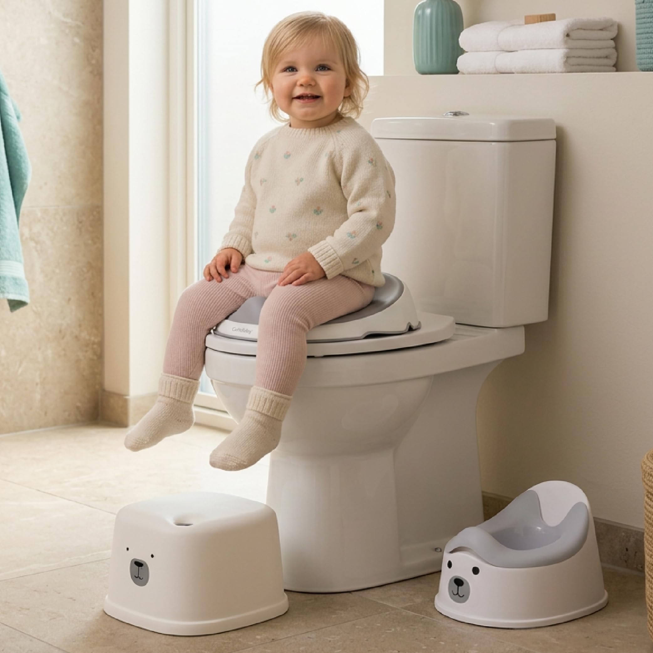 SUN BABY Set de Orinal Infantil 3 en 1 18-36 Meses - Beige | orinal, reductor WC, taburete antideslizante, cubeta extraíble