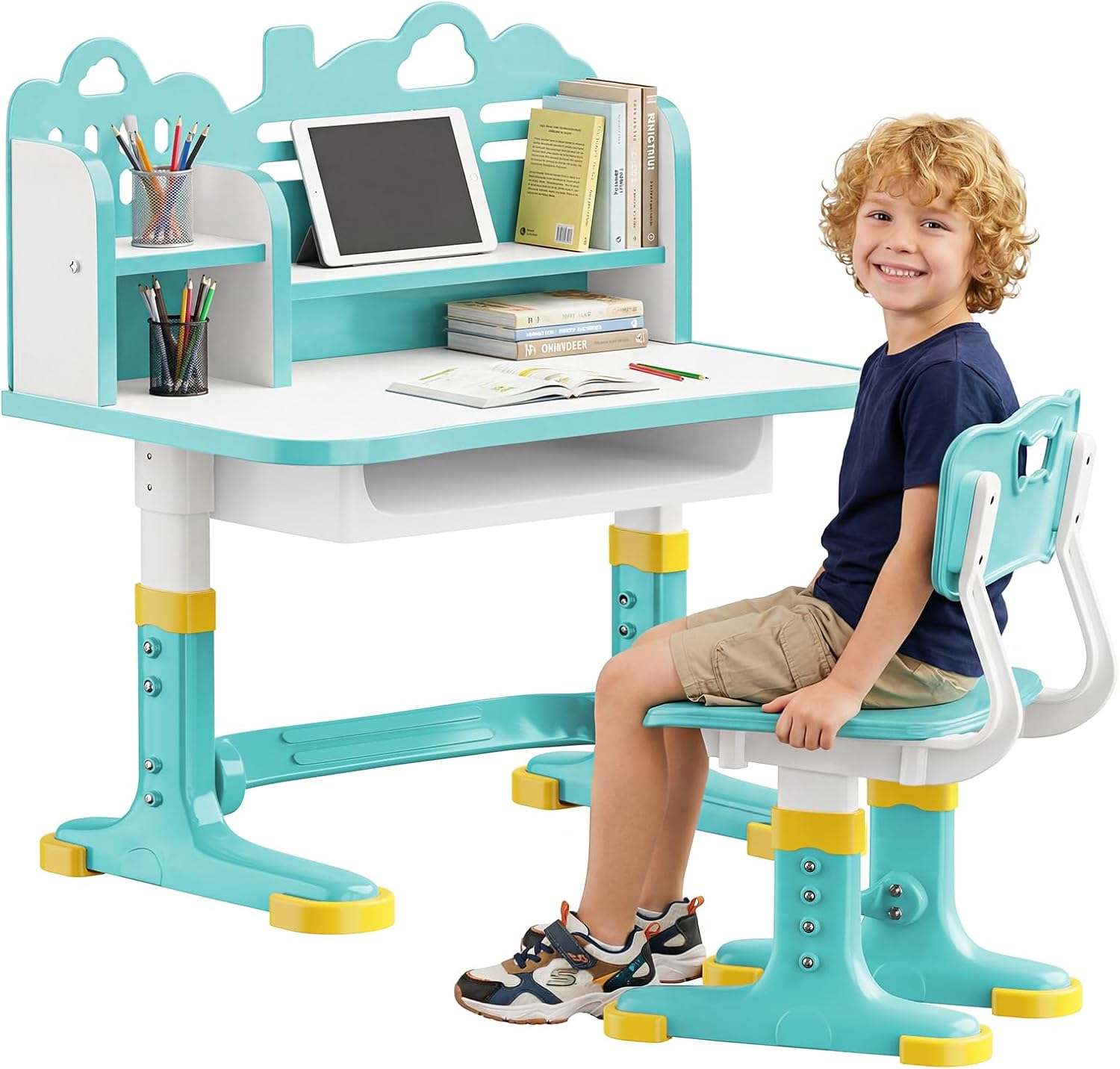 Kids Desk and Chair Set for Ages 3-12, Height Adjustable, Ergonomic & Sturdy, Stable Student Desk with Bookshelf & Storage Drawer, Supports up to 300 lbs (Pink)