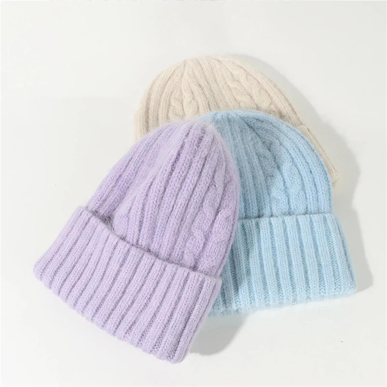 Women's Fall Winter Braided Knit Hat Solid Color Roll-Up Brim Thicken Warm Cold Weather Hat Outdoor Sports Skullies