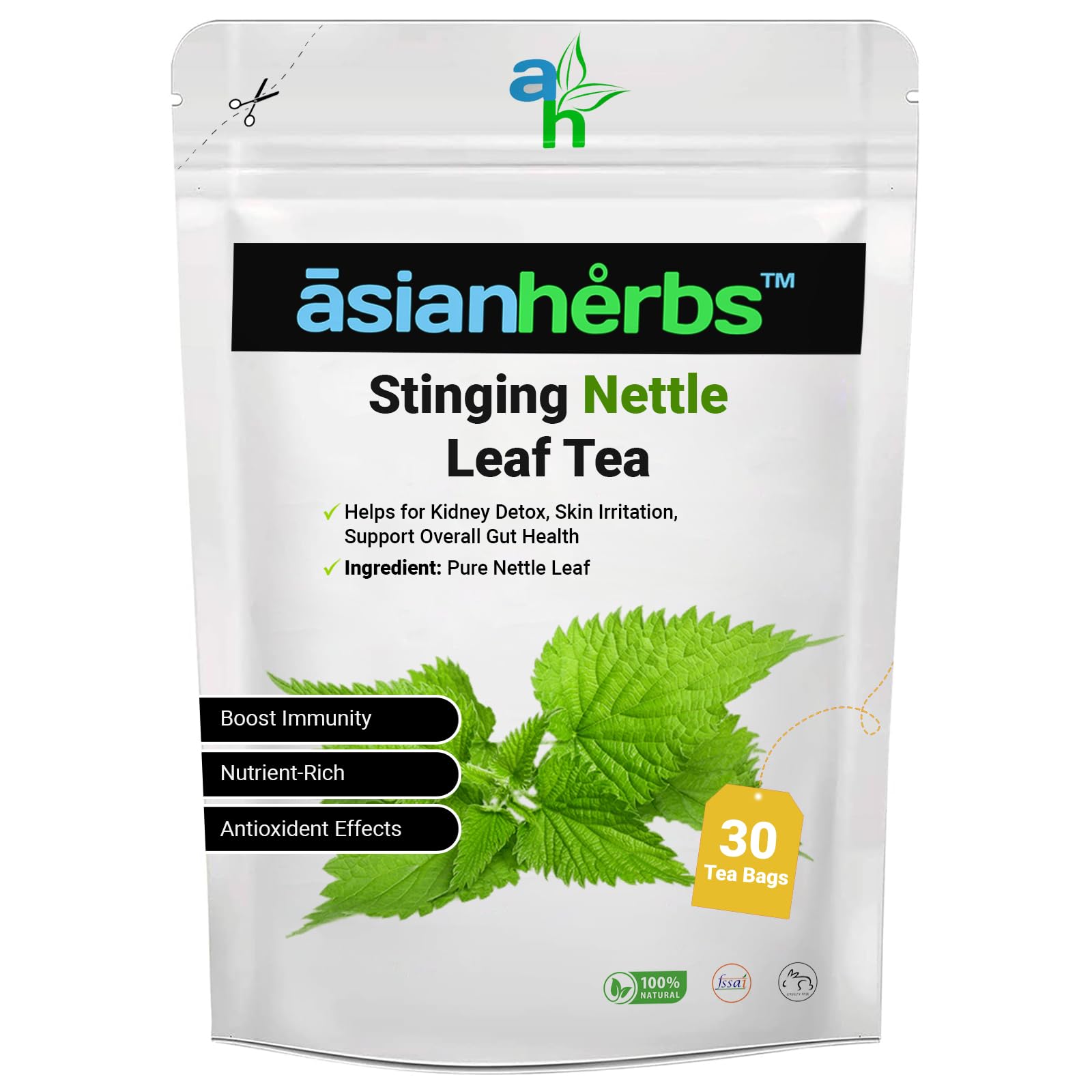 Asian Herbs Natural Himalayan Stinging Nettle Tea - Herbal Tea for Wellness, Detox & Vitality | Packed with Nutrients, Antioxidants & Minerals (30 Tea Bags)