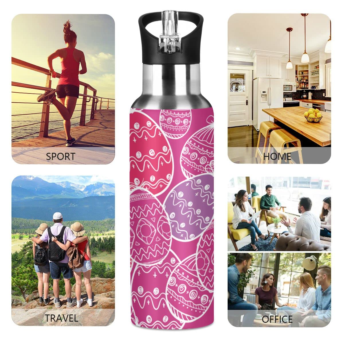 Edelstahl Wasserflasche mit Strohhalm, Ostereier Isolierte Trinkflasche Sport Wasserflasche für Kinder Erwachsene, auslaufsicher, 1L
