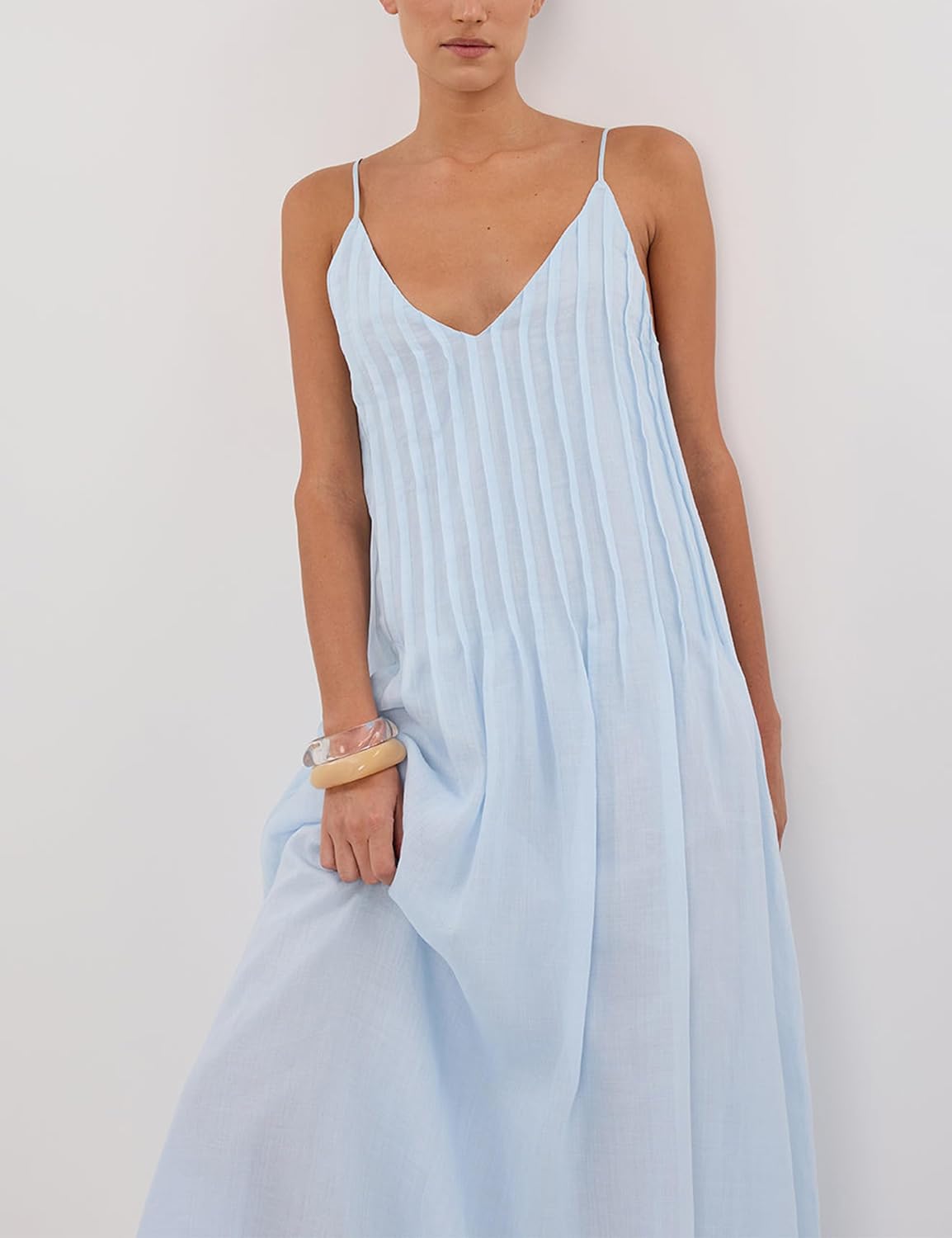 Women’s Cotton Summer Pleated Maxi Dress Sexy V Neck Spaghetti Strap Dresses 2025 Sleeveless Beach Vacation Sundress - Image 6