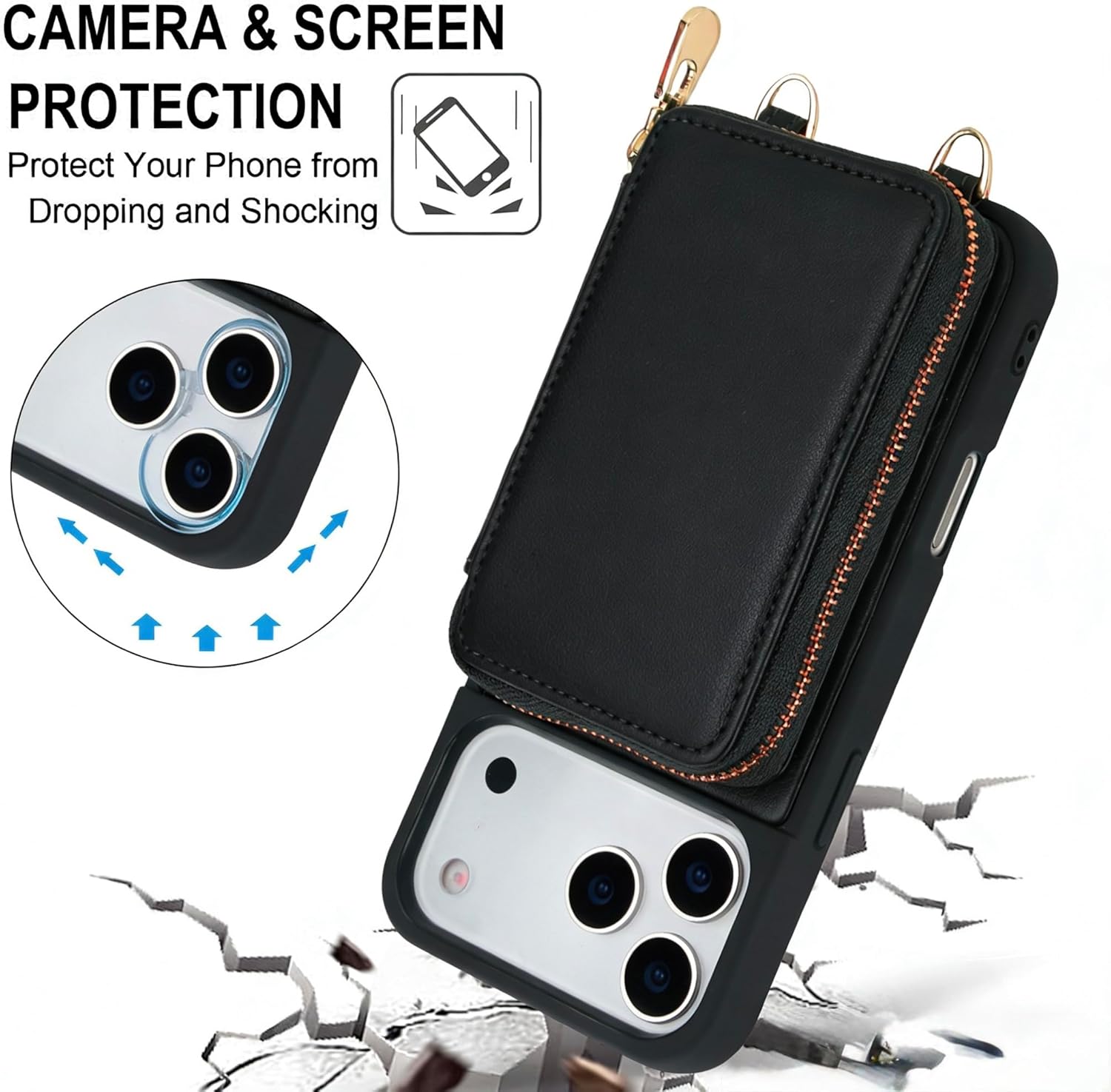 Crossbody Wallet Case for iPhone 17 6.3"/6.5"/6.9",RFID Blocking PU Leather Zipper Handbag Purse Flip Cover Cases with Card Slots,Wrist Strap Lanyard (Black, for iPhone 17-6.3", iPhone 17)