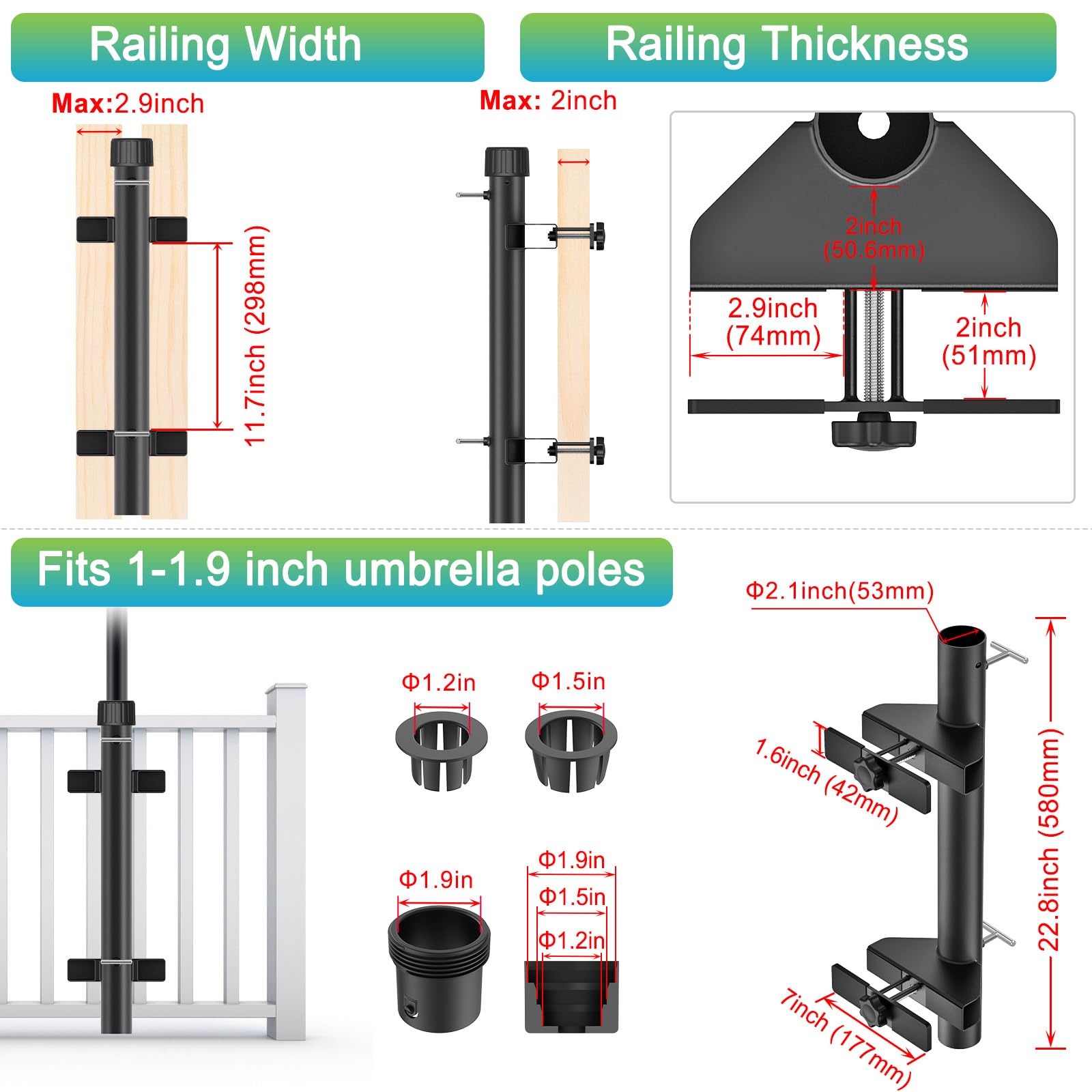 Dolibest Abrazadera para sombrilla para balcón, patio, soporte de tubo para valla, soporte de montaje en cubierta, clip de fijación ajustable para sombrilla de sol, ahorro de espacio con 3 mangas para