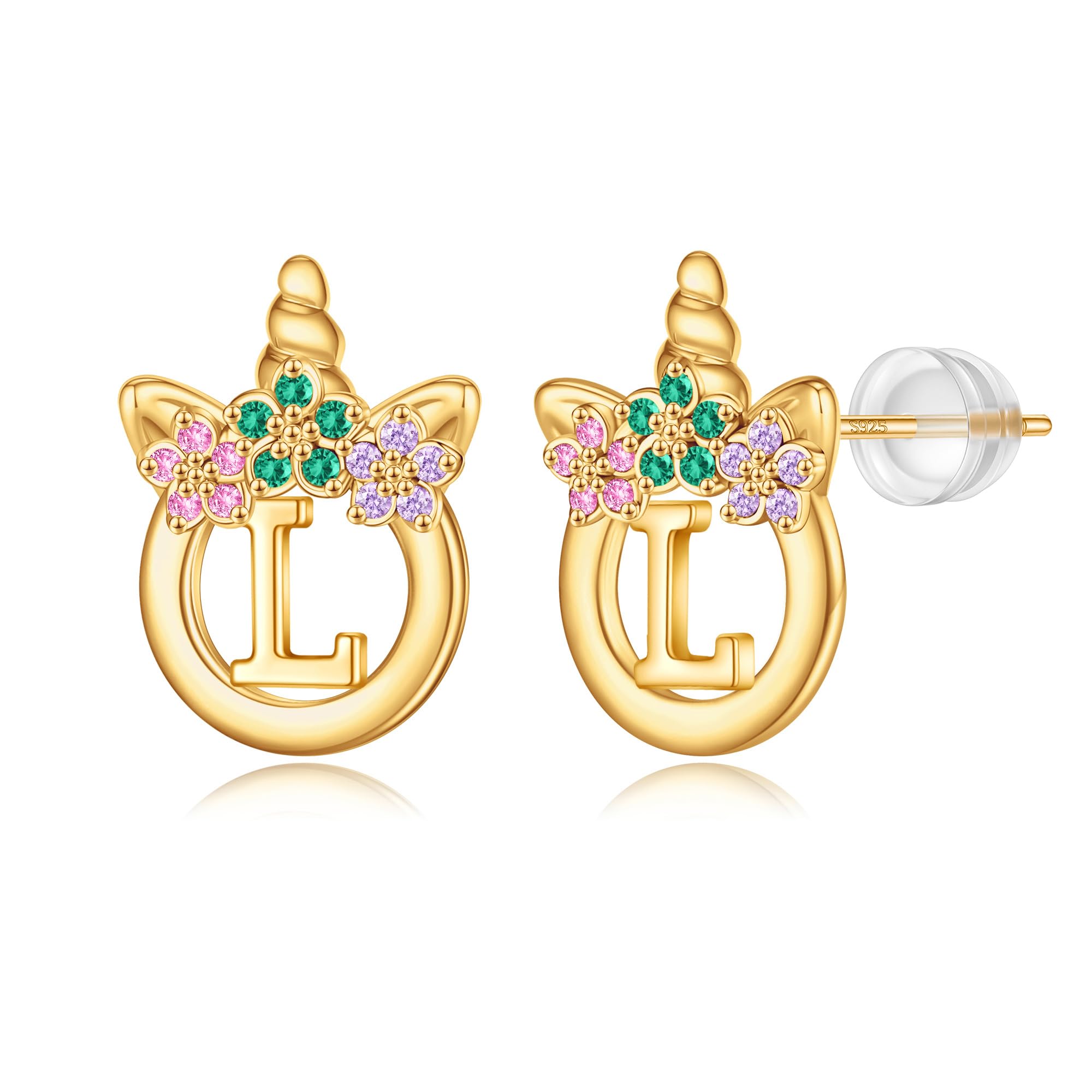 Unicorn Earrings Gifts for Girls - 925 Sterling Silver Stud Earrings Hypoallergenic Initial Unicorn Earring for Girls Kids Jewelry CZ Birthday Gifts