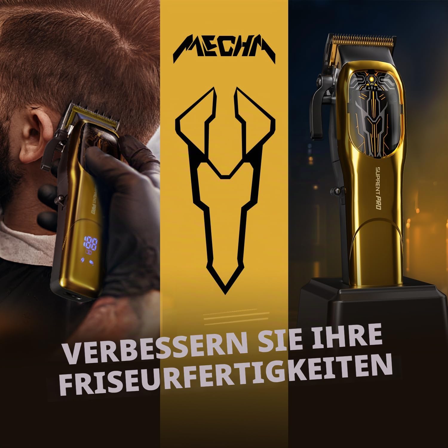 SUPRENT Tondeuse Profi Haarschneidemaschine, Haarschneider Herren Bürstenloser Motor mit Hohem Drehmoment & DLC-beschichteter Keramikklinge, Wiederaufladbar Haarschneider LED Display (Gold)