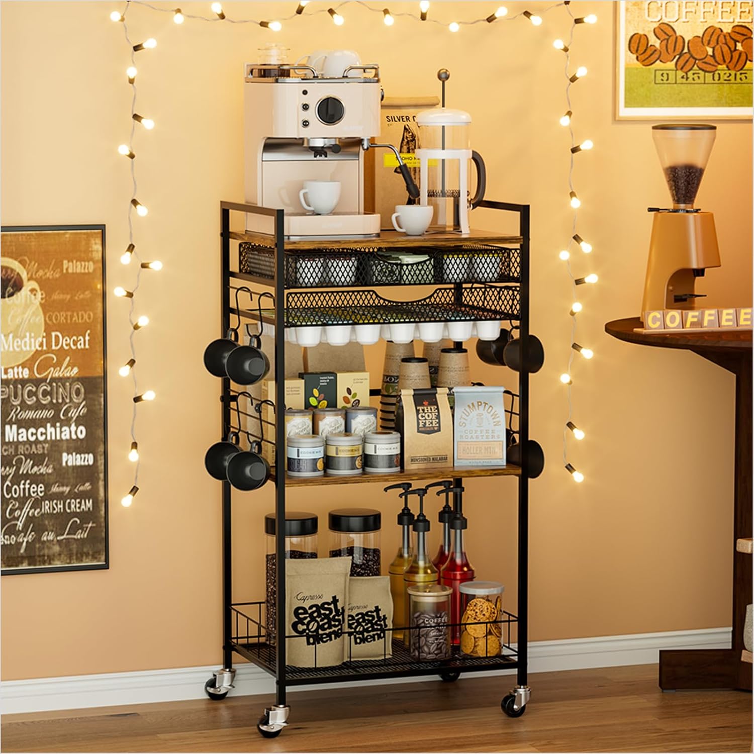 Homsorout Coffee Bar Station with Storage Drawer - 5 Tier Coffee Table Countertop Organizer for K Cups, Tea Bags, Sugar Storage and Kitchen Cabinets (Brown)
