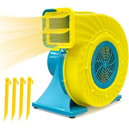 Bounce House Blower High Power Inflatable Air Blower – Large PVC Bounce Castles Water Slide & Event Inflatables IPX4 Waterproof, 110-120V with 6 Stakes-1.5HP 1100W