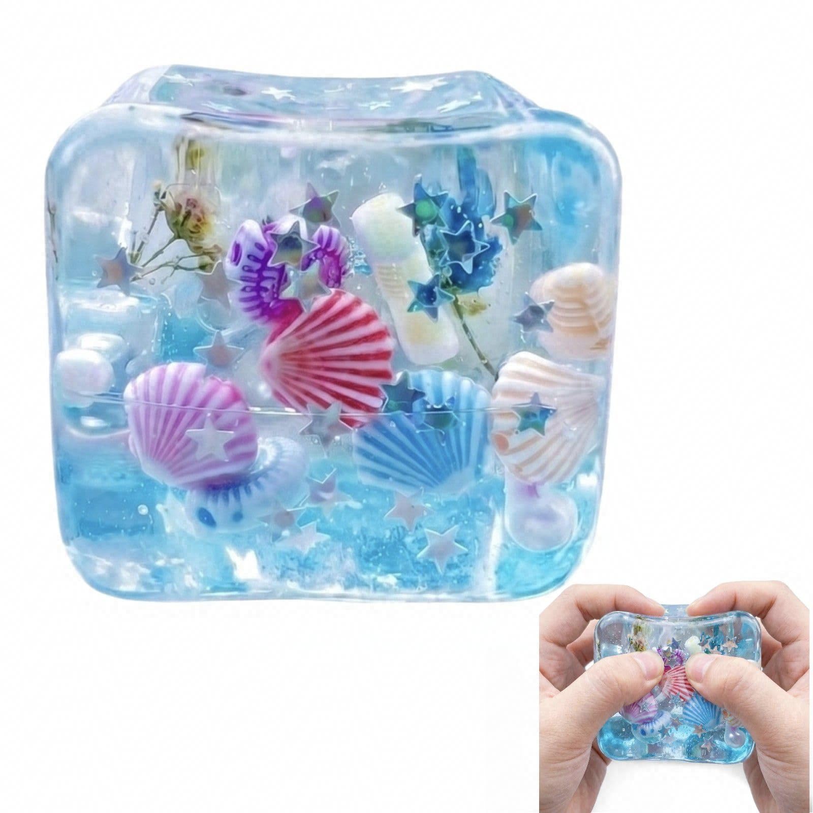 1.77in Ocean Cube Squeeze Toy - Water Bead Glitter Fidget Stress Relief for Kids & Adults, Transparent Blue Sea Shell Squishy Anxiety Toy Ideal Party Bag Filler for Boys Girls Ages 6+