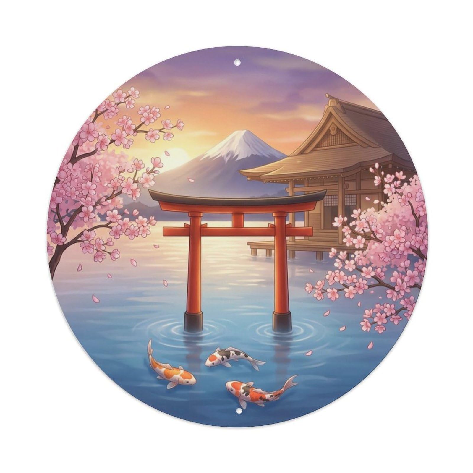 Koi Garden Shrine Torii Pond Water Lantern Vintage Metal Tin Sign Plaque Wall Decor for Cafe, Man Cave, Club Bar, Office, Home Garden Round Metal Poster 8x8Inch