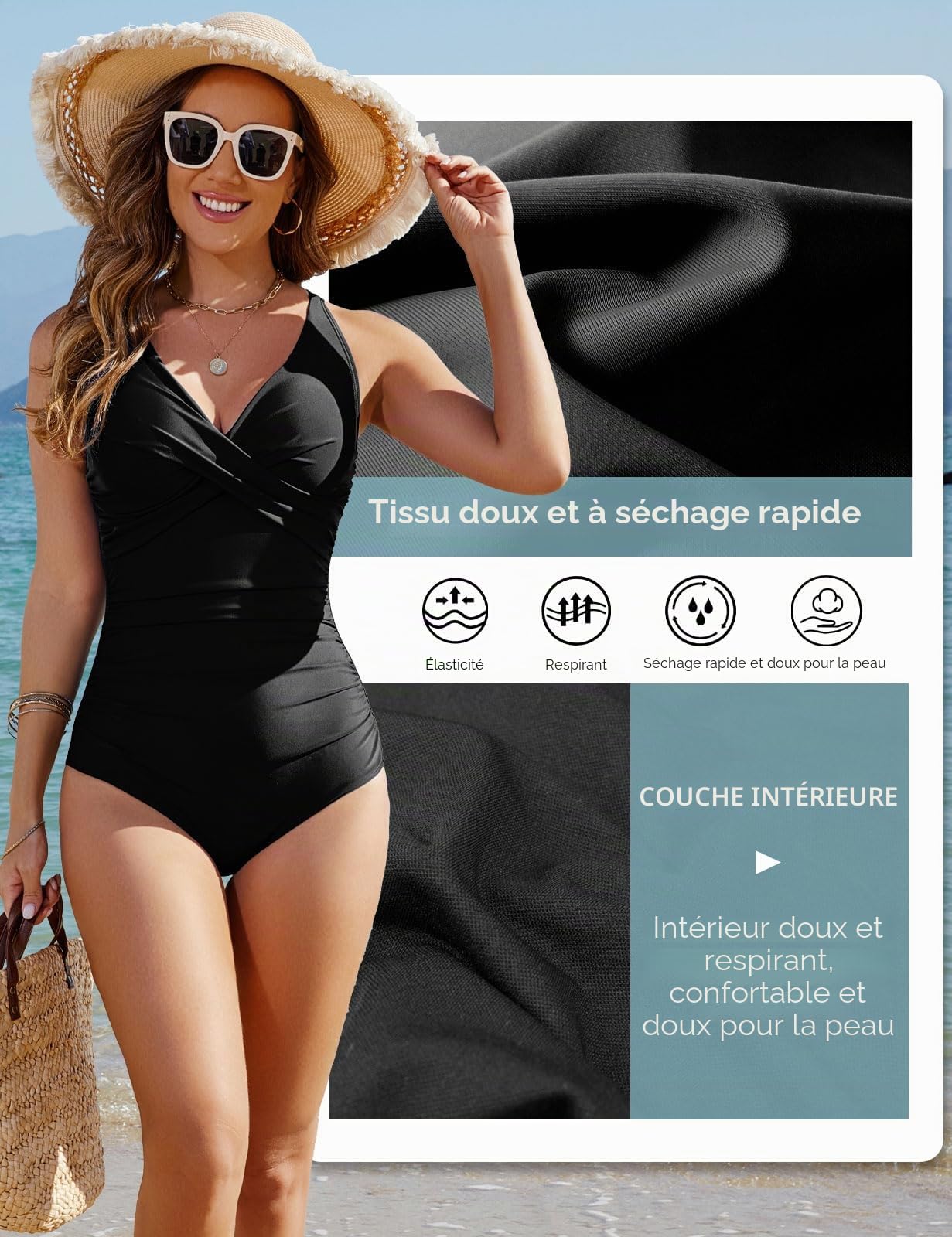 heekpek Maillot de Bain Femme 1 Piece Gainant Ventre Plat Push Up Rembourré Taille Haute Maillot de Bain Une Piece Femme Retro Swimsuit avec Avant Croisé