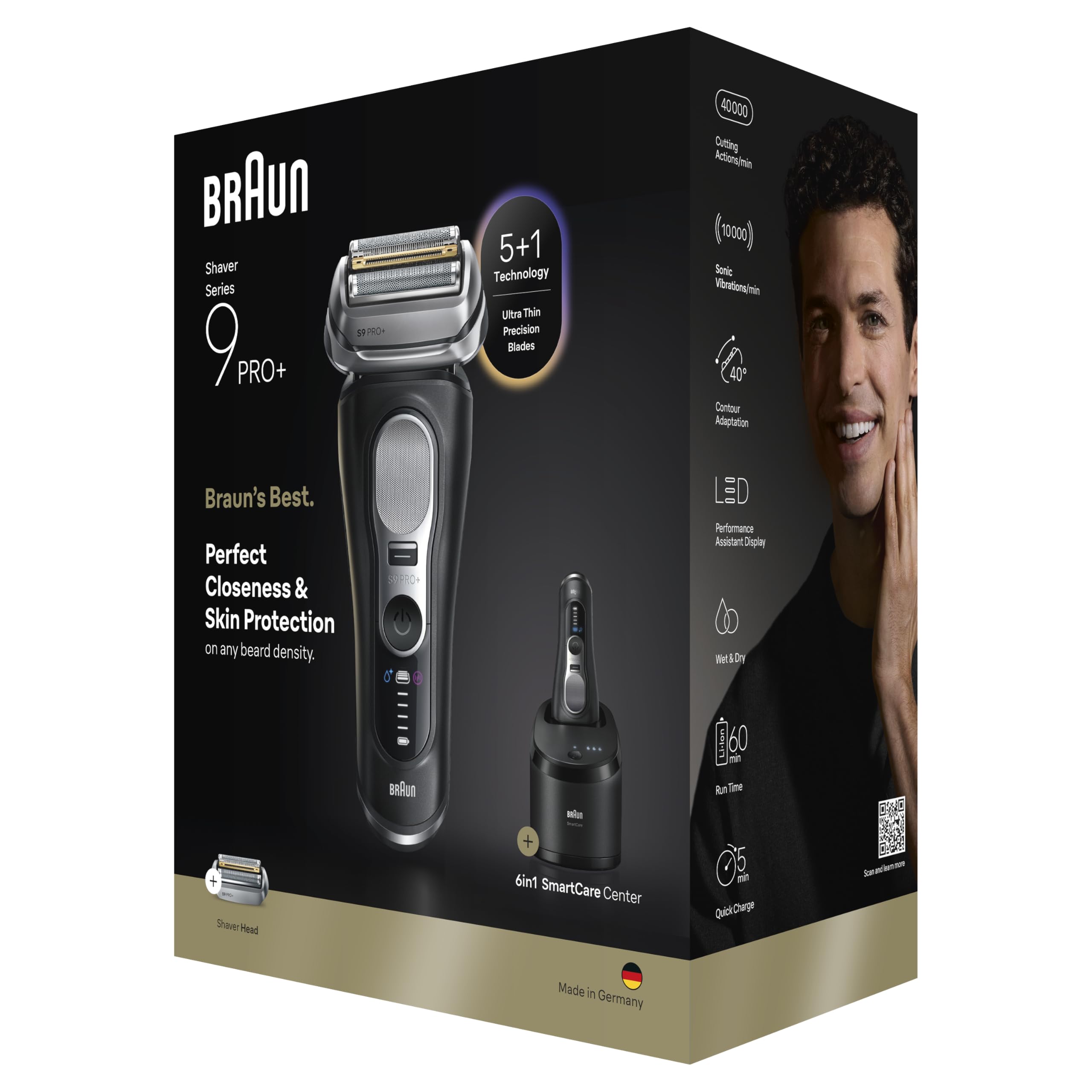 Braun Afeitadora eléctrica Series 9 PRO+, Pro SensoAdapt, centro de cuidado inteligente 6 en 1, maquinilla de afeitar húmeda y seca, 9660CCPS, color negro