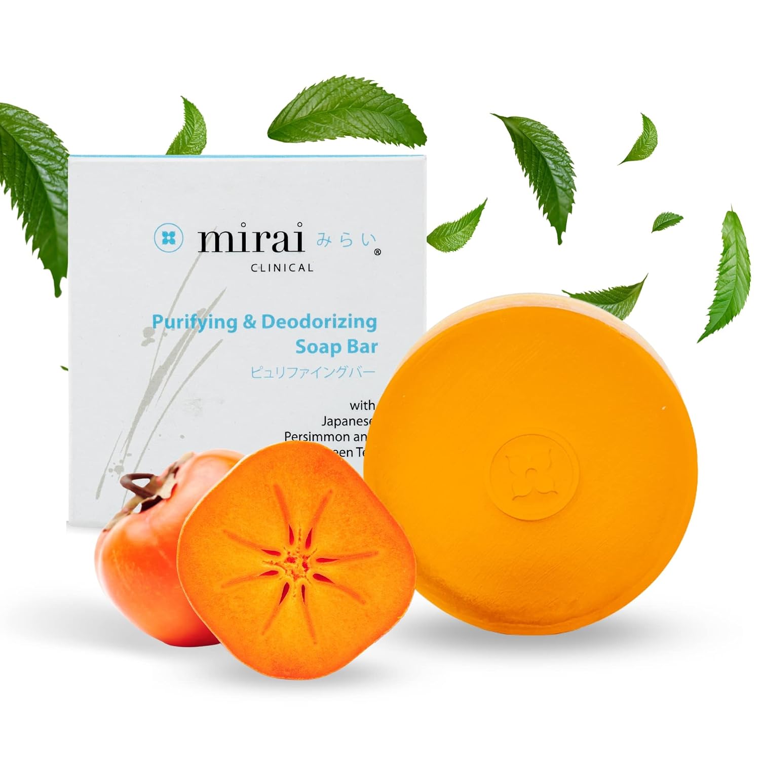 Mirai Clinical Persimmon Soap Bar with Magnetic Soap Holder - Nonenal Body Odor Eliminator for Women and Men, Personal care Solution with Easy to Install Magnetic Bar Soap Holder for Shower Wall