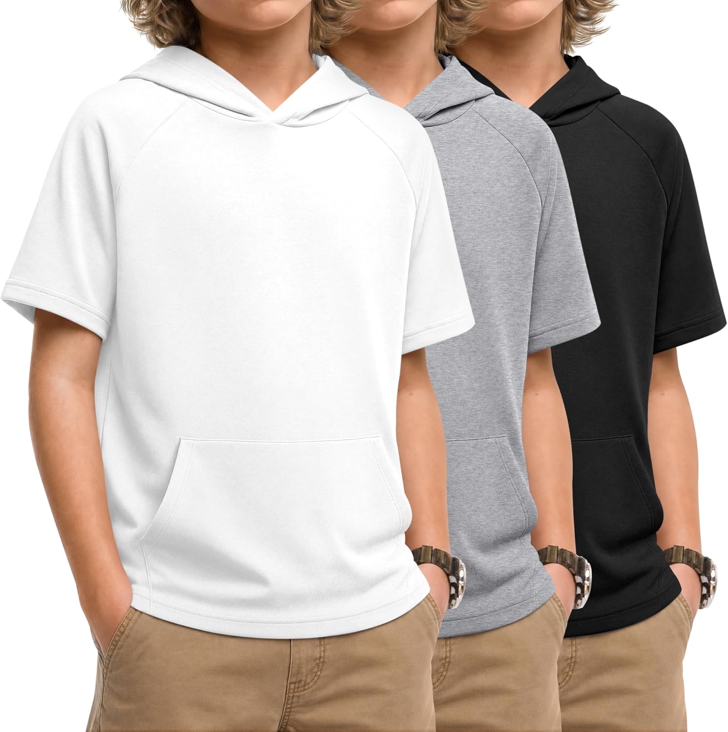 Xaatren 3 Pack Boys Short Sleeve Hoodie Kids Summer Pullover Shirt with Pocket Teen Athletic Hoodie Sweatshirt Back to School