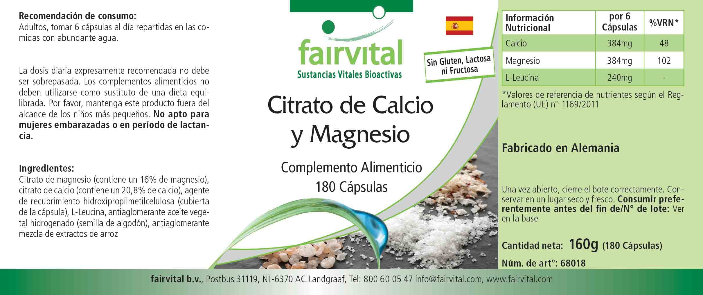 fairvital Citrato de calcio y magnesio, 180 cápsulas, ALTA DOSIS, cápsulas de calcio y magnesio, VEGANAS
