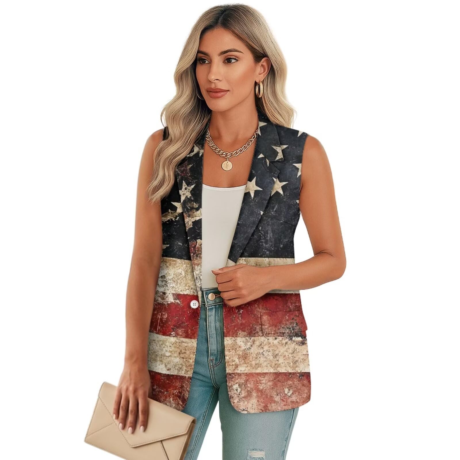 Womens One Button Closure V Neck Casual Blazer for Women Notched Lapel Sleeveless Vest Tops