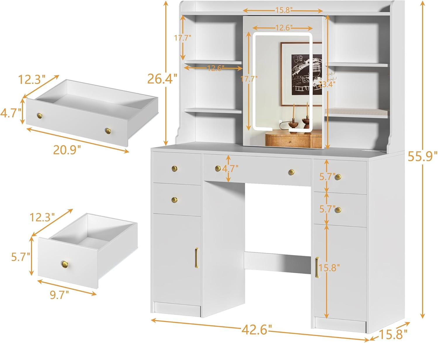 Detailed diagram of the vanity desk with all key dimensions labeled in inches, including drawer sizes, mirror dimensions, and overall height, width, and depth.