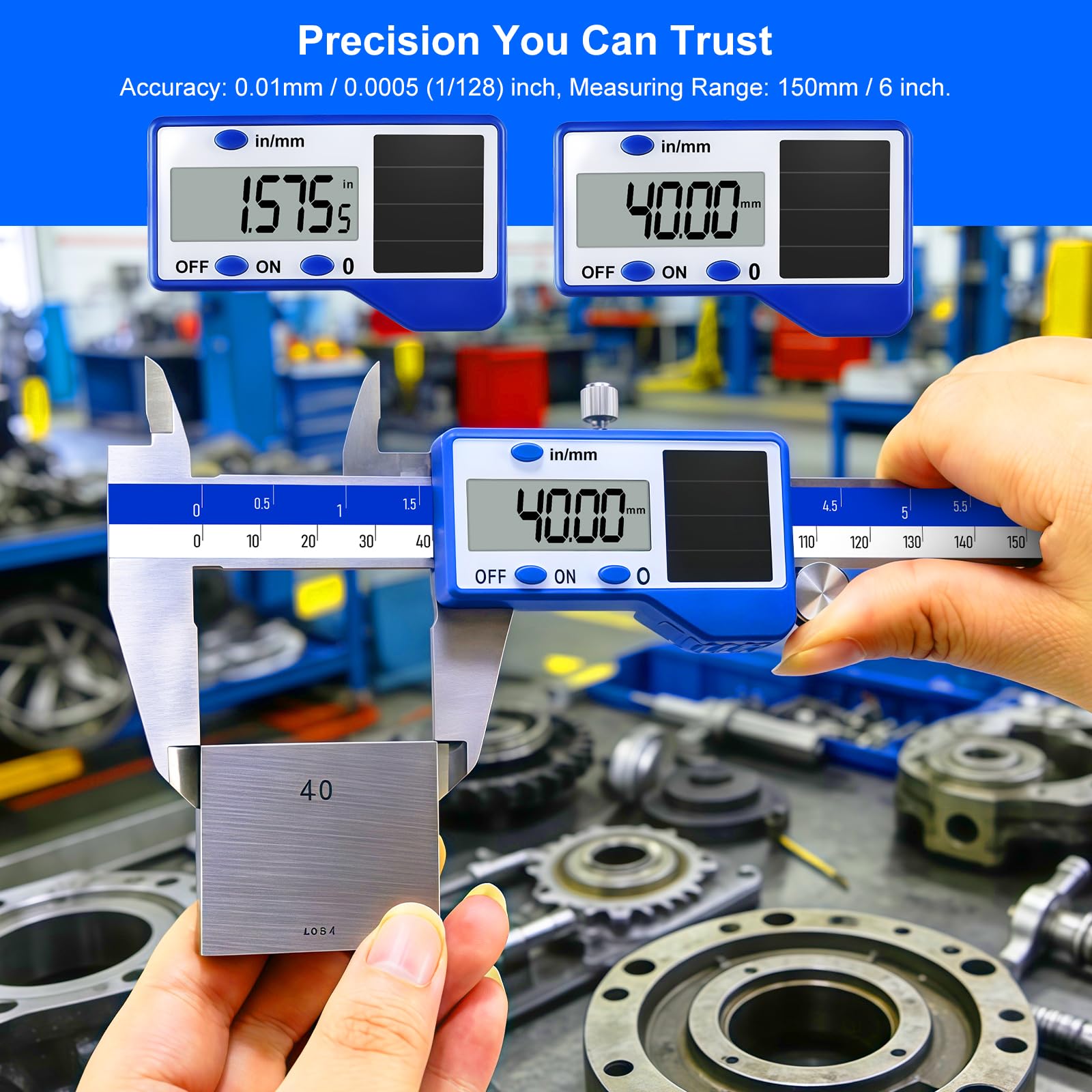 solar-powered electronic vernier calipers, with dual IN/MM scale display, one-second reading, and precise measurement.