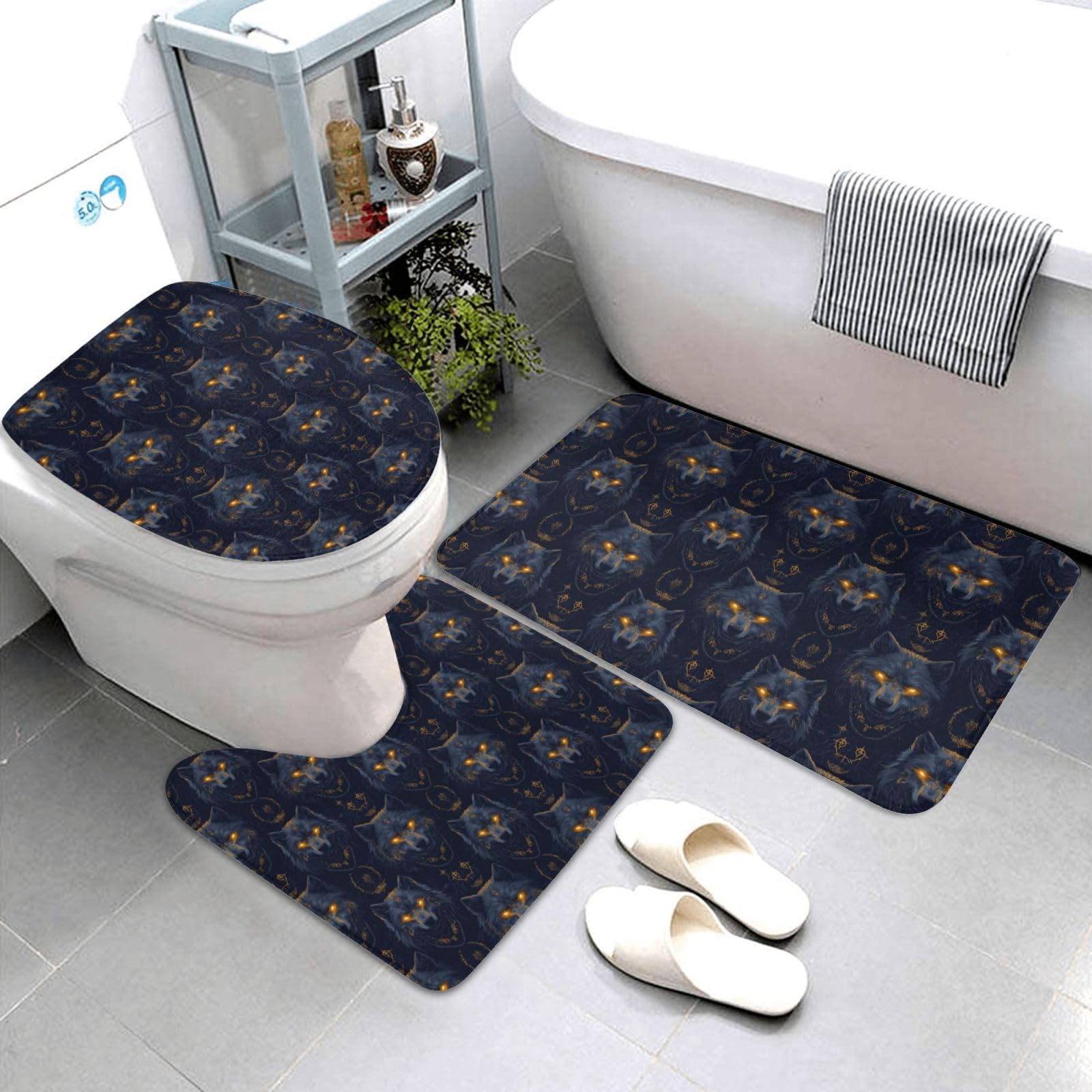 Tapis de salle de bain motif loup avec tapis de contour wc et baignoire lavables