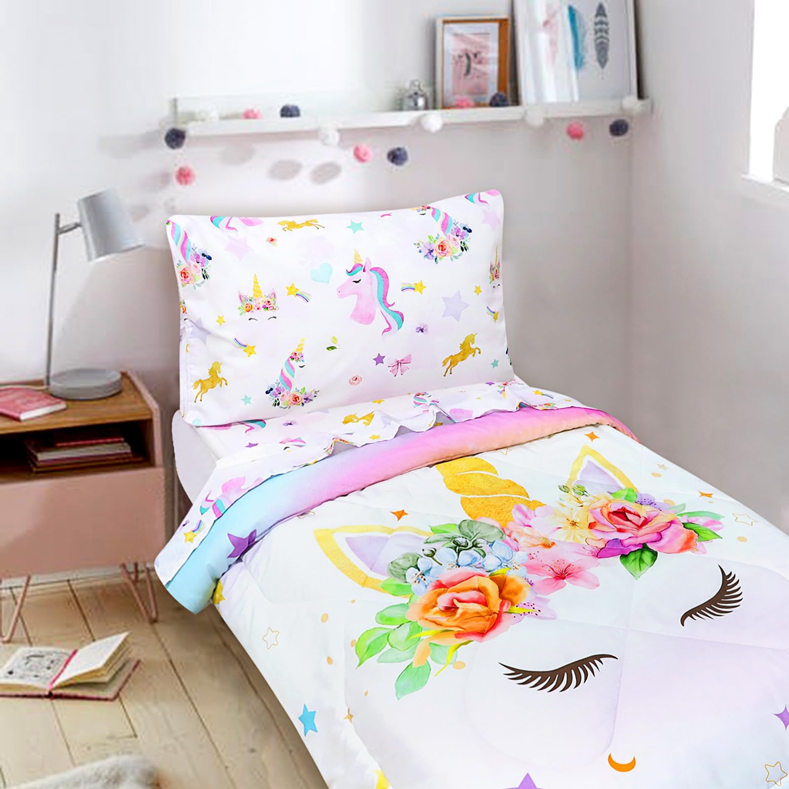 Toddler Bedding Sets for Girls Unicorn Toddler Crib Bedding Set 4 Piece Pink Floral Toddler Comforter Set Includes Flat Top Sheet - Image 4