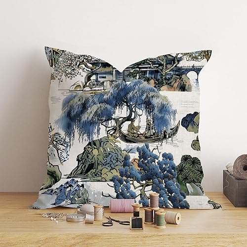 Miniatura 4 de Fundas de almohada asiáticas escénicas europeas chinoiserie, funda de almohada asiática, color azul y verde Kelly, funda de cojín de 18 x 18