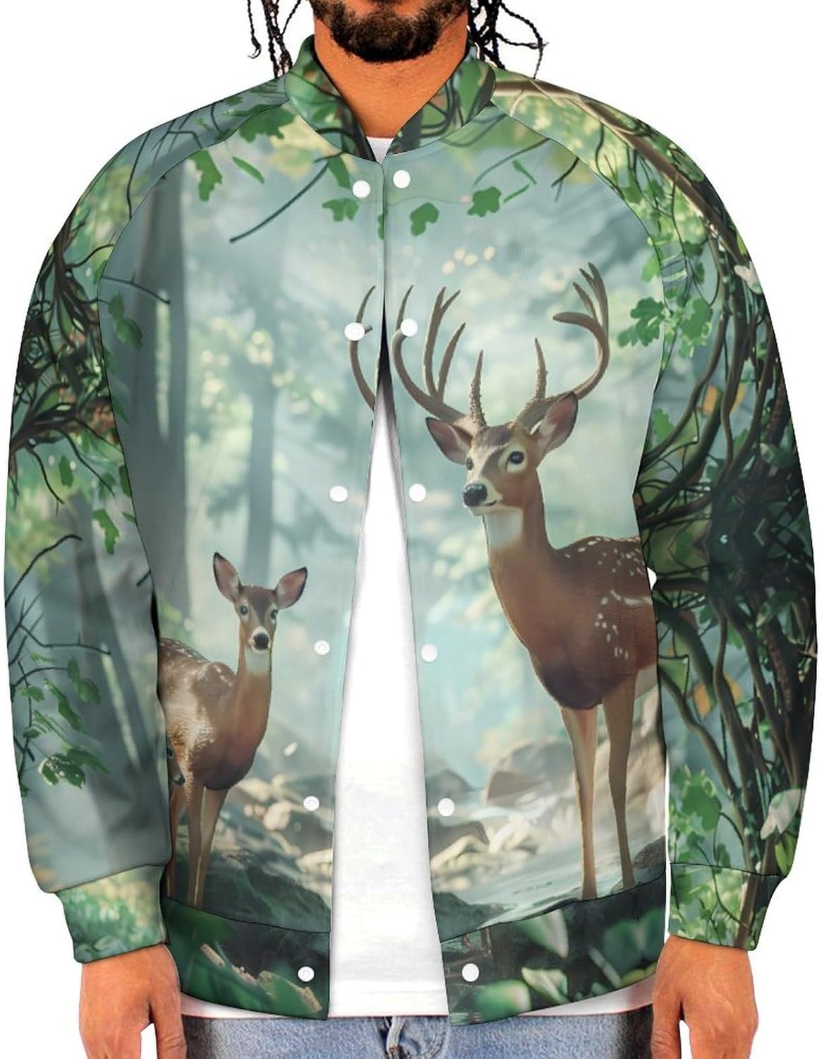 Woodlands Deer Novelty Men's Baseball Jackets Causal Sweatshirt Button Top Long Sleeve Coat