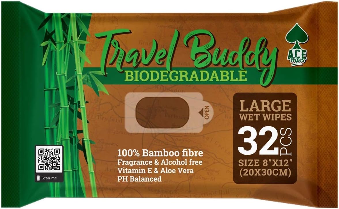 Ace Travel Buddy Large Body Wet Wipes - No Rinse Bath Or Shower Bamboo Wipe - Gym, Travel, Camping, Backpacking, Hiking, Pets, Festival Essentials/Accessories, 32 Wipes(8"X12"/20X30CM)