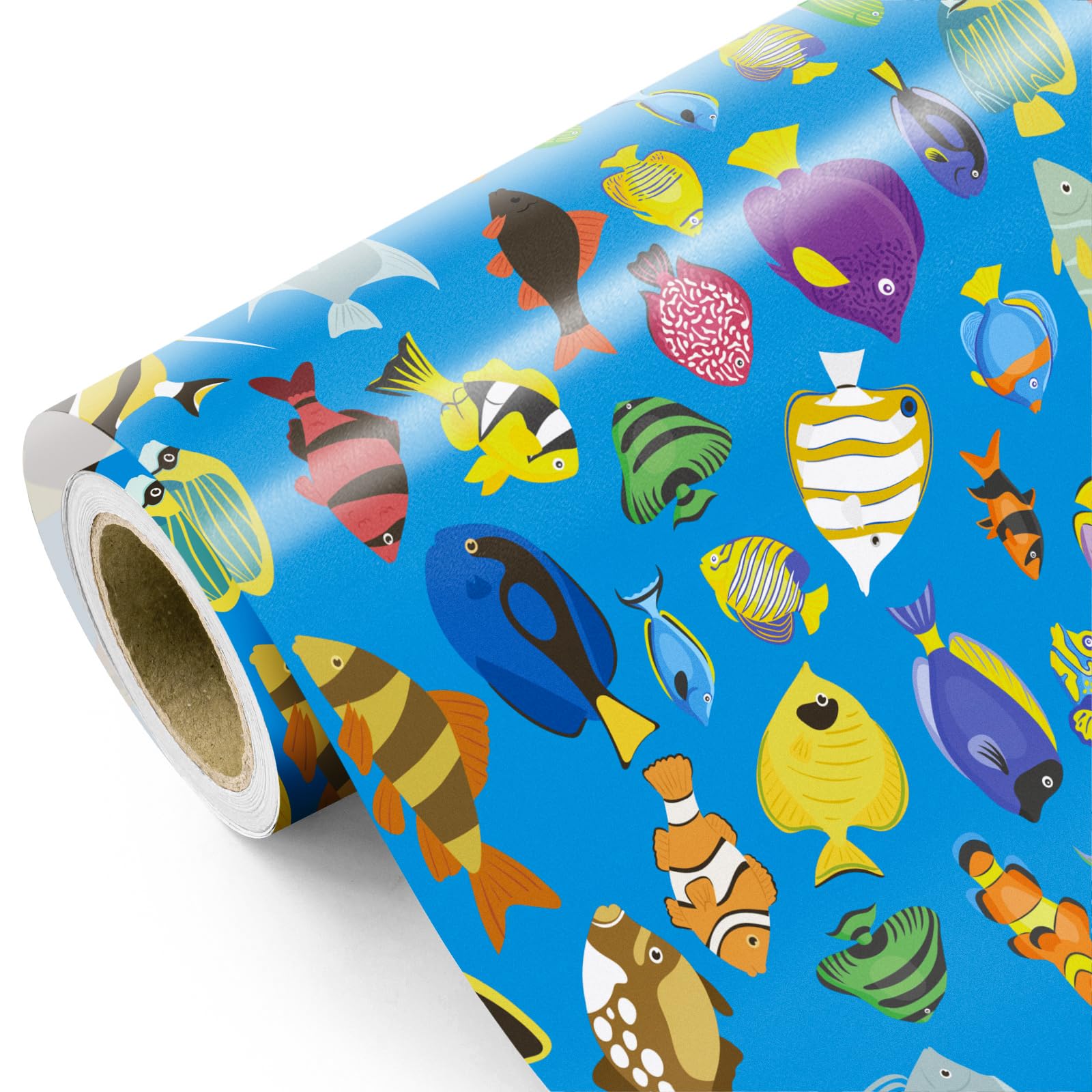 WRAPAHOLIC Sea Fish Wrapping Paper Roll - Mini Roll - 43.2cm x 5.2m - Assorted Fish Themes Ocean Wrapping Paper Perfect for Baby Shower, Kids Birthday, Boys and Girls