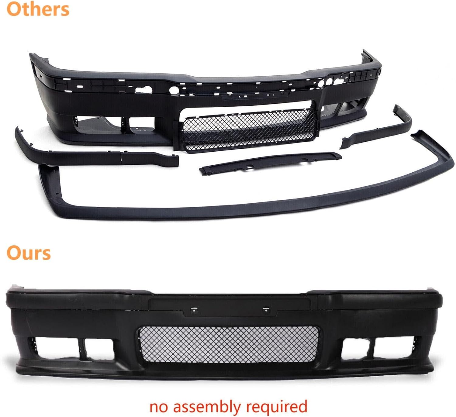 PENSUN Front Bumper Body Kit for 1992-1998 BMW E36 3Series, 1Pc M3 Style Bumper Replacement, with Black Style Fog Lights, with Front Grille