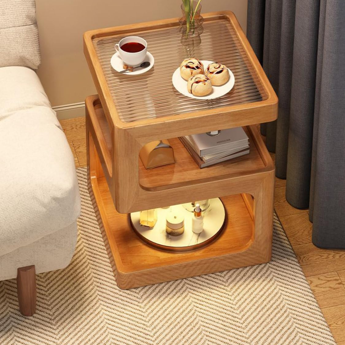 【美品】木製サイドテーブル ナイトテーブル3段 SONGMICS サイドテーブル ナイトテーブル ヴィンテージ風 木目調