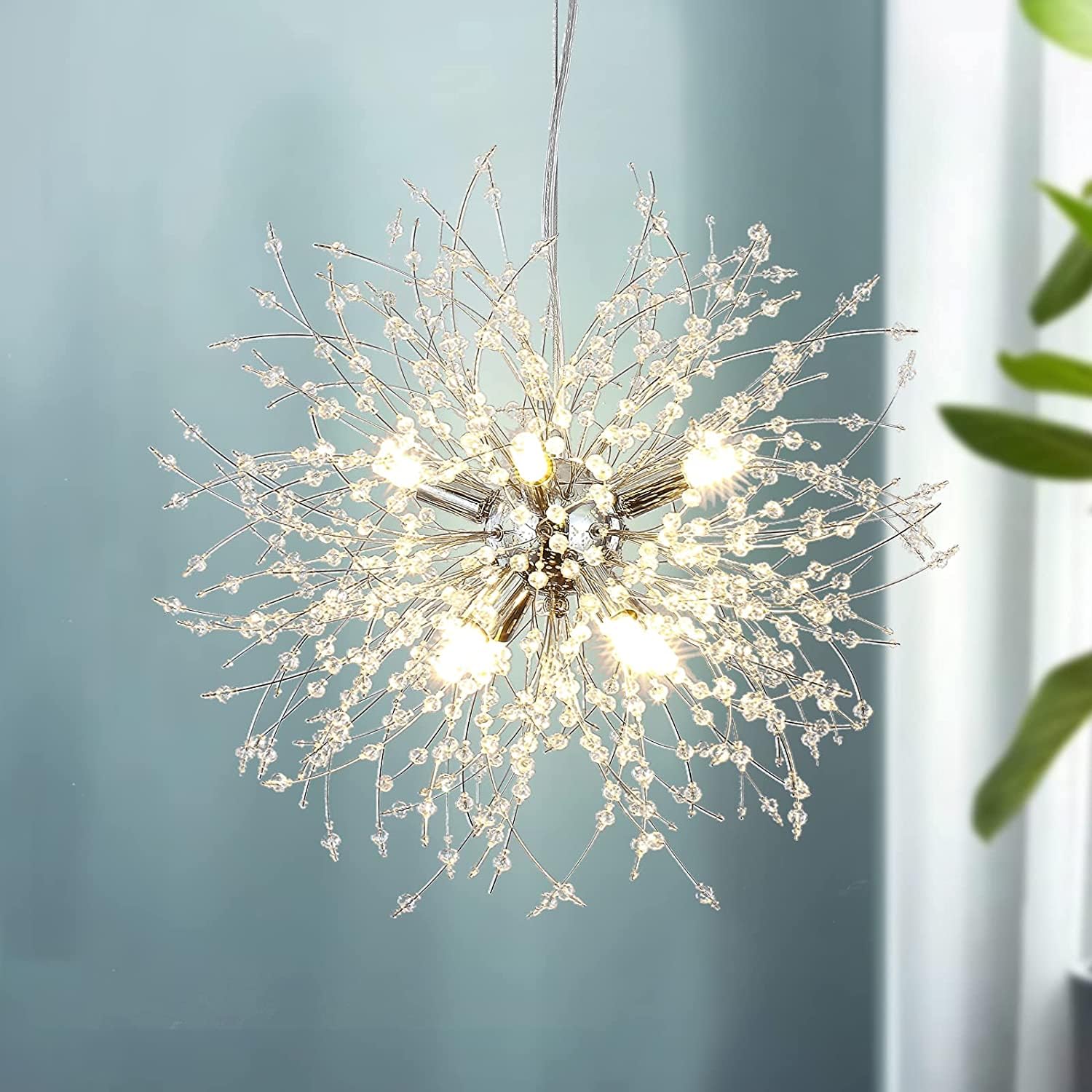 SYAXVOM Modern Dandelion Crystal Chandelier - 8 Light Silver Hanging Fixture for Bedroom & Dining Room Elegant G9 Bulbs Lighting Decoration