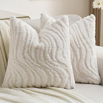 FUTEI Pack of 2 Solid Faux Fur Geometric Striped Throw Pillow Covers 18x18 Inch Soft Farmhouse Decorative Accent Lumbar Pillowcases Modern Home Decor for Couch Living Room, White