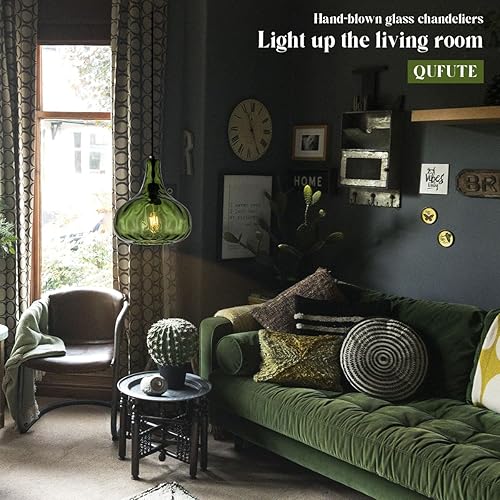 Miniatura 4 de Iluminación colgante de cristal verde, lámpara colgante de globo de vidrio vintage, lámpara colgante moderna de mediados de siglo, acabado negro,