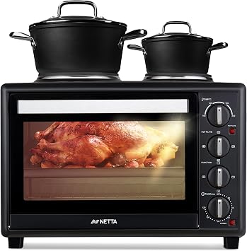 NETTA 35L Mini Oven with Double Hotplate & Electric Grill - All in One Portable Table Top Cooker with 120-Minute Timer & 230 C Control - 2850W Countertop Oven with Baking Tray & Rack - Black