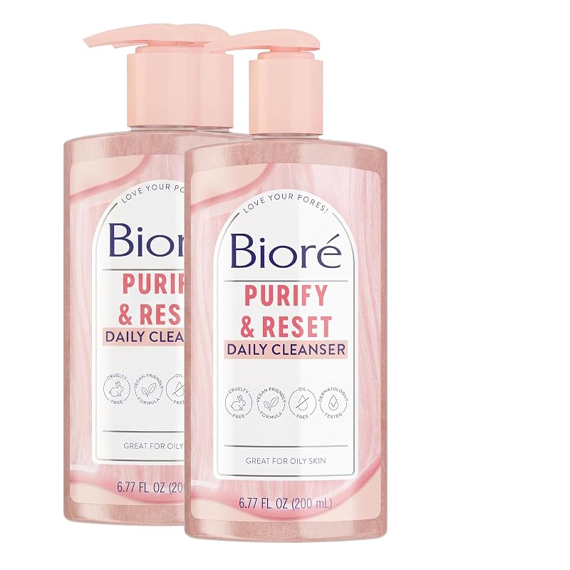 Limpador facial diário Bioré Rose Quartz + Charcoal à base de água, sem óleo, Pacote com 2