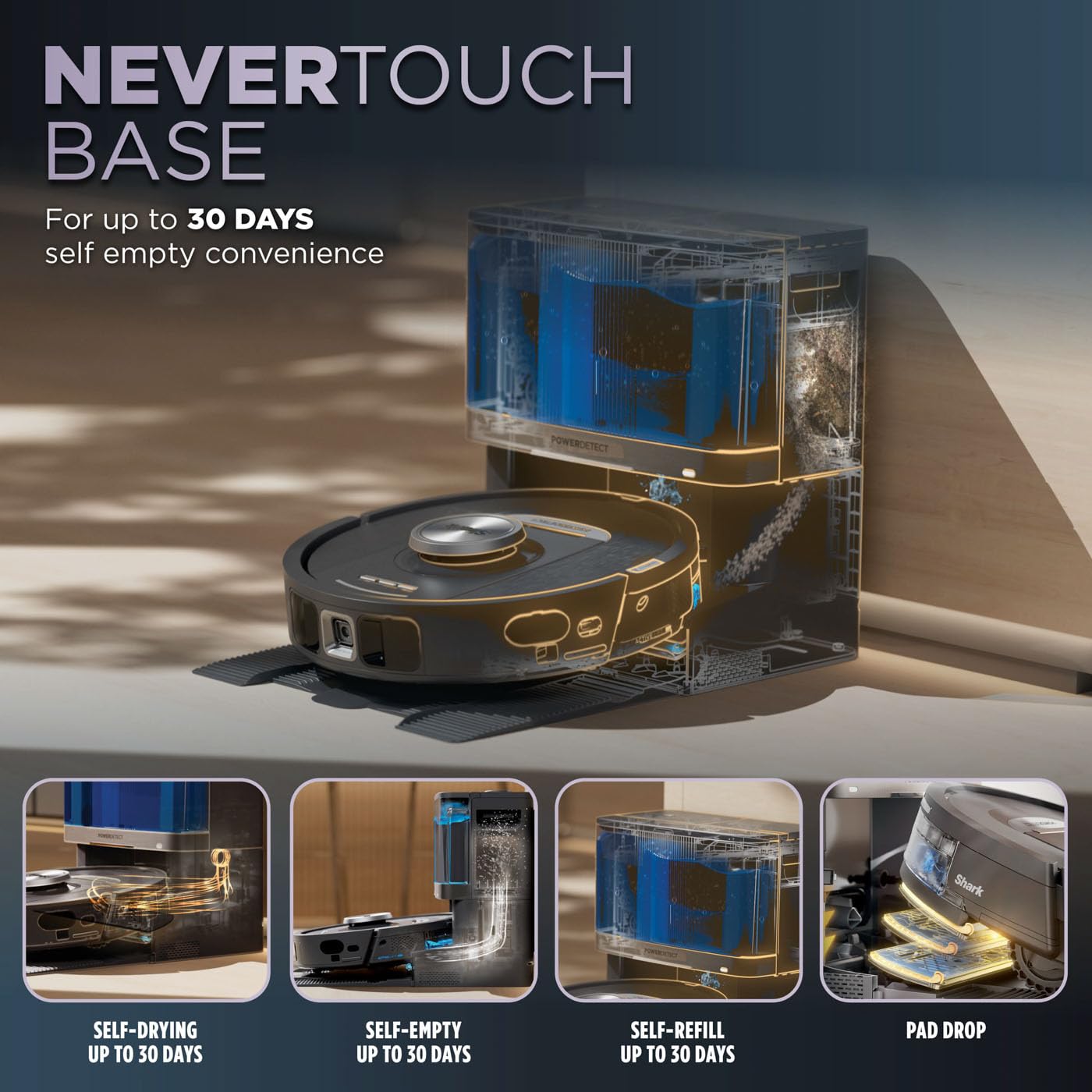 Shark PowerDetect Robot Aspirador y fregona 2 en 1, NeverTouch 30 días autovacía y autorecargable, con navegación 3D y LiDAR, NeverStuck Obstáculo Bypass, WiFi/App/Alexa, Negro RV2800YEUK
