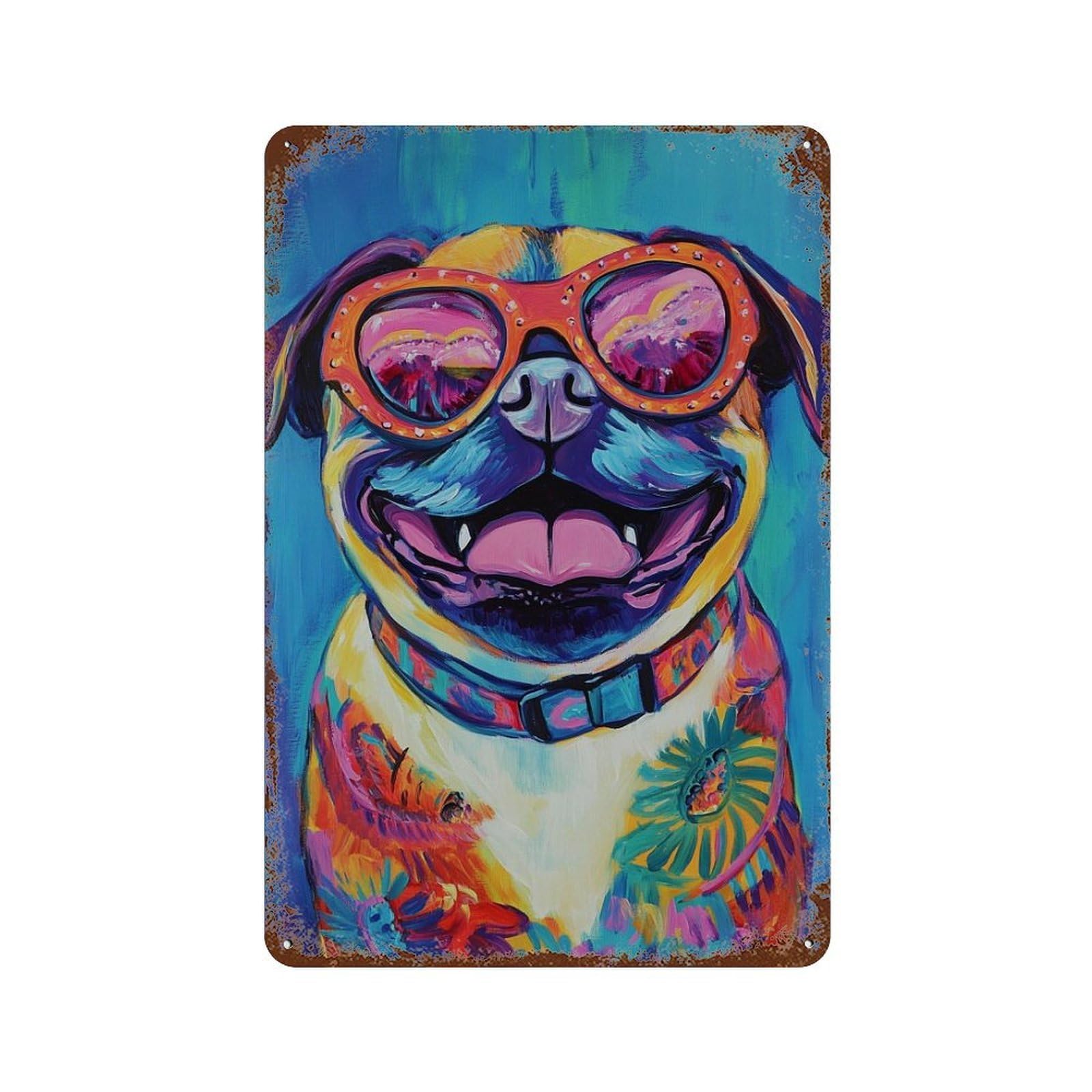 Colorful Pug Art Print-7 Vintage Rust Metal Sign 11.8"x7.9", Shabby Chic Decor for Garage, Pub Or Kitchen