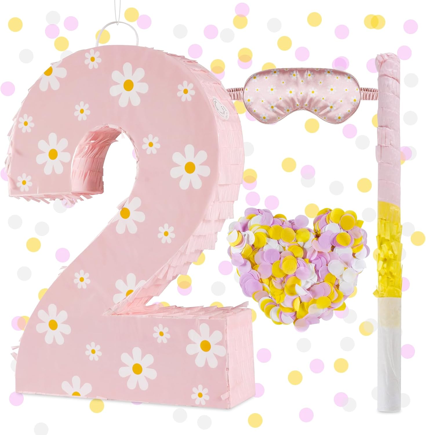 Daisy Birthday Decorations, Daisy Number 2 Piñata with Blindfold Stick Blindfold Confetti for Pink Flower Boho 2nd Birthday Party Supplies (Daisy 2)